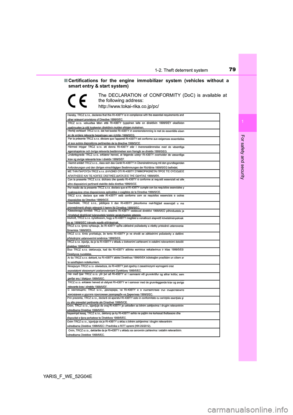 TOYOTA YARIS HATCHBACK 2015  Owners Manual 791-2. Theft deterrent system
1
For safety and security
YARIS_F_WE_52G04E 
■ Certifications for the engine immobilizer system (vehicles without a 
smart entry & start system)
The DECLARATION of CONF