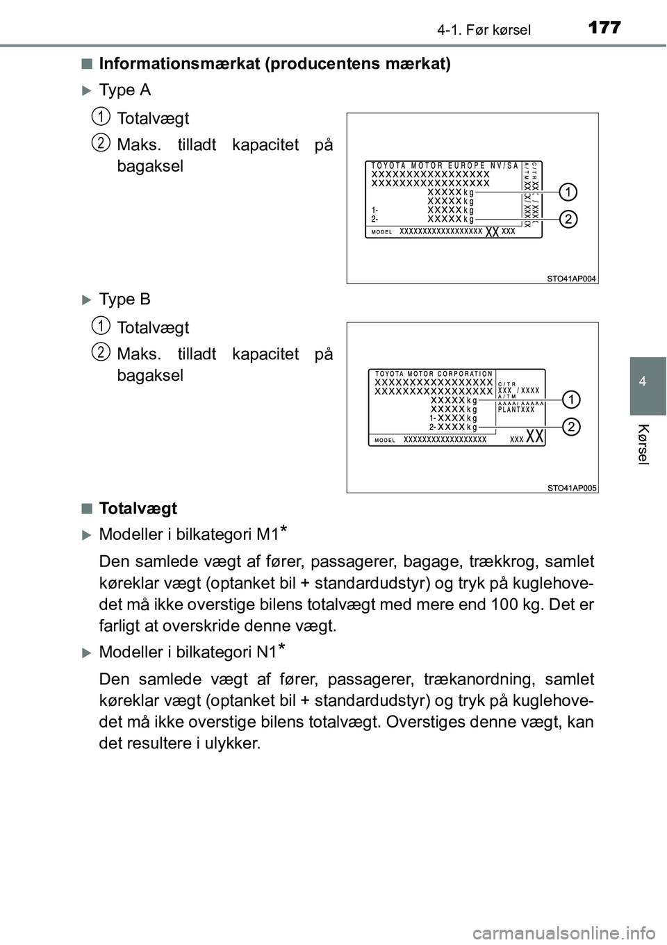 TOYOTA YARIS HATCHBACK 2015  Brugsanvisning (in Danish) 1774-1. Før kørsel
4
Kørsel
■Informationsmærkat (producentens mærkat)
�XTy p e  A
To t a l v æ g t
Maks. tilladt kapacitet på
bagaksel
�XTy p e  B
To t a l v æ g t
Maks. tilladt kapacitet p