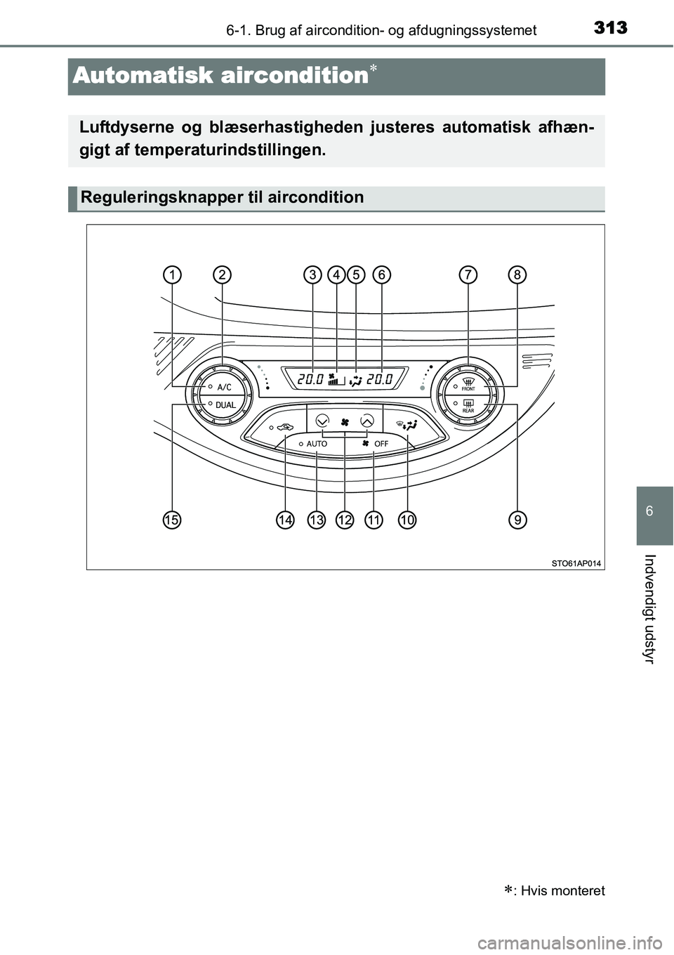 TOYOTA YARIS HATCHBACK 2015  Brugsanvisning (in Danish) 3136-1. Brug af aircondition- og afdugningssystemet
6
Indvendigt udstyr
Automatisk aircondition∗
∗: Hvis monteret
Luftdyserne og blæserhastigheden justeres automatisk afhæn-
gigt af temperaturin