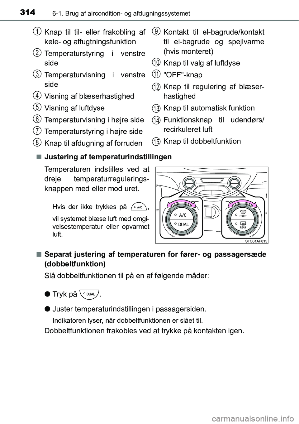 TOYOTA YARIS HATCHBACK 2015 Brugsanvisning (in Danish) 3146-1. Brug af aircondition- og afdugningssystemet
■Justering af temperaturindstillingen
Temperaturen indstilles ved at
dreje temperaturregulerings-
knappen med eller mod uret.
Hvis der ikke trykke TOYOTA YARIS HATCHBACK 2015 Brugsanvisning (in Danish) 3146-1. Brug af aircondition- og afdugningssystemet
■Justering af temperaturindstillingen
Temperaturen indstilles ved at
dreje temperaturregulerings-
knappen med eller mod uret.
Hvis der ikke trykke