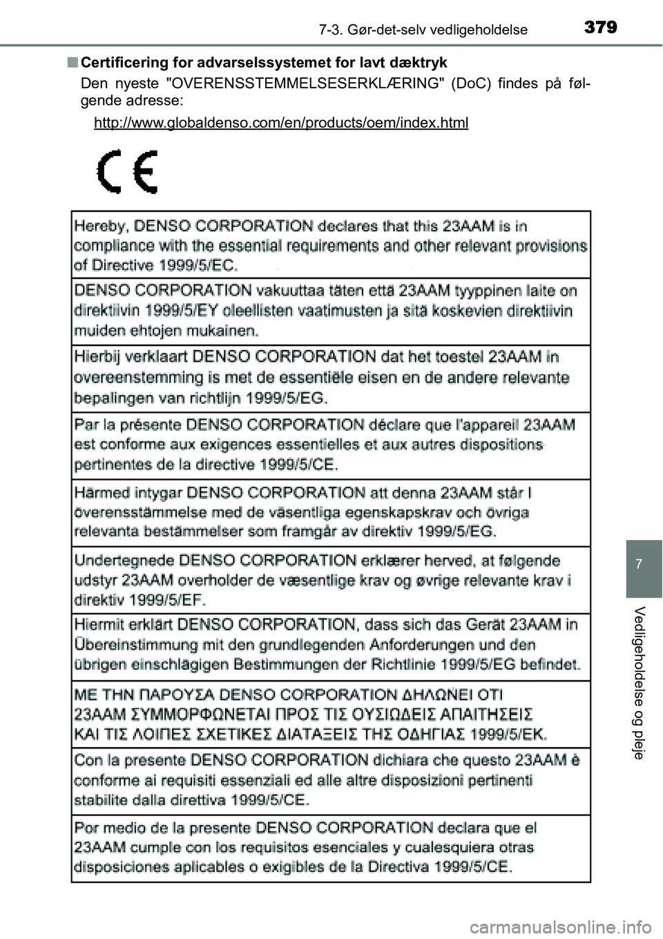 TOYOTA YARIS HATCHBACK 2015  Brugsanvisning (in Danish) 3797-3. Gør-det-selv vedligeholdelse
7
Vedligeholdelse og pleje
■Certificering for advarselssystemet for lavt dæktryk
Den nyeste "OVERENSSTEMMELSESERKLÆRING" (DoC) findes på føl-
gende adresse: