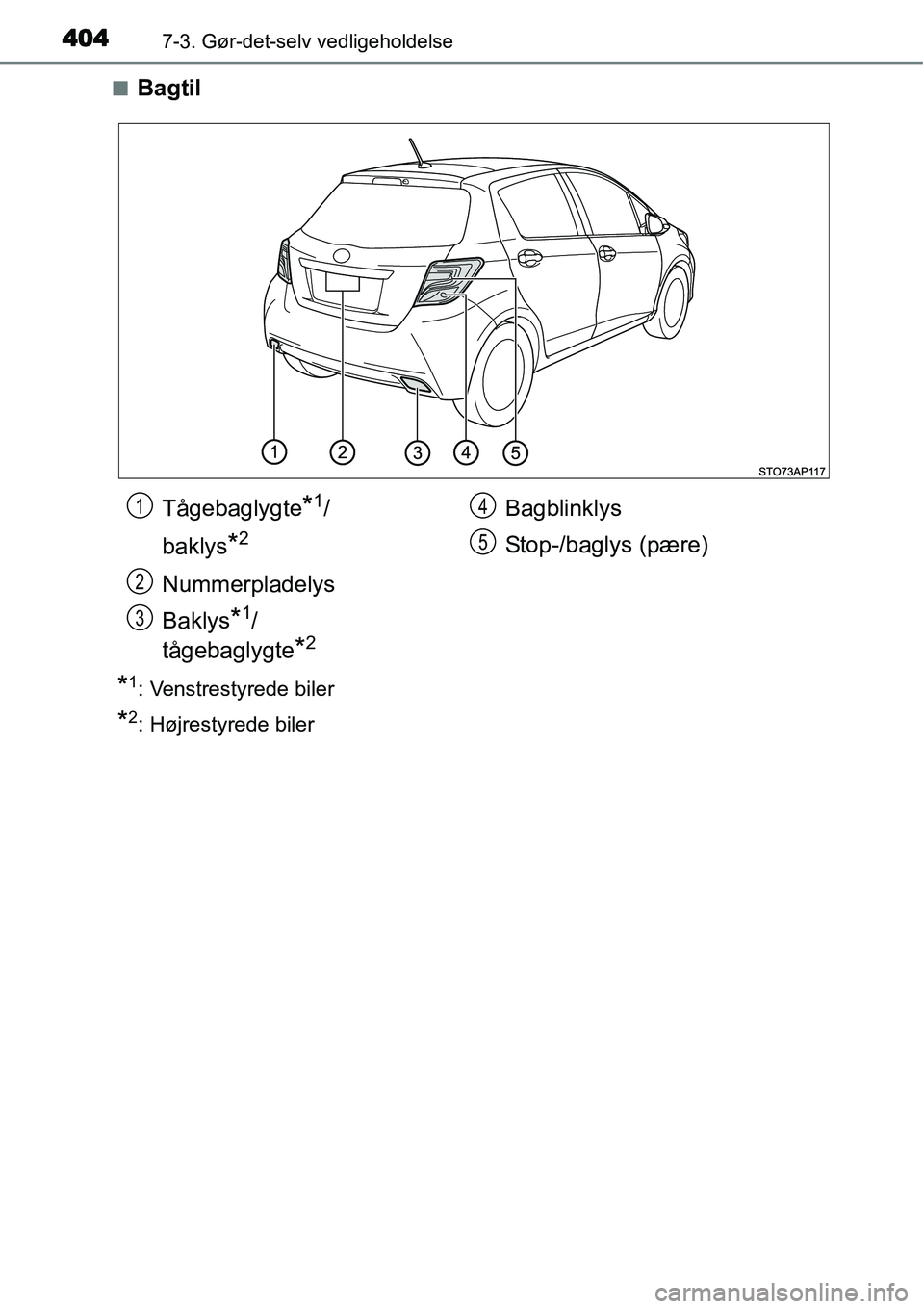TOYOTA YARIS HATCHBACK 2015  Brugsanvisning (in Danish) 4047-3. Gør-det-selv vedligeholdelse
■Bagtil
*1: Venstrestyrede biler
*2: Højrestyrede biler
Tågebaglygte*1/
baklys
*2
Nummerpladelys
Baklys
*1/
tågebaglygte
*2
Bagblinklys
Stop-/baglys (pære)1