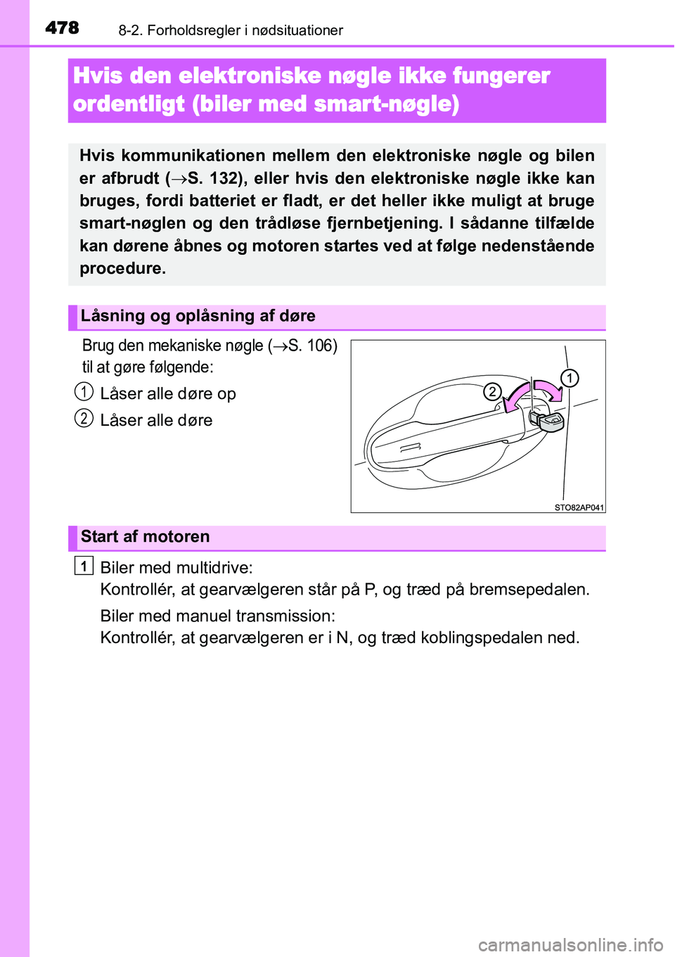 TOYOTA YARIS HATCHBACK 2015  Brugsanvisning (in Danish) 4788-2. Forholdsregler i nødsituationer
Hvis den elektroniske nøgle ikke fungerer 
ordentligt (biler med smar t-nøgle)
Brug den mekaniske nøgle (→S. 106)
til at gøre følgende:
Låser alle dør