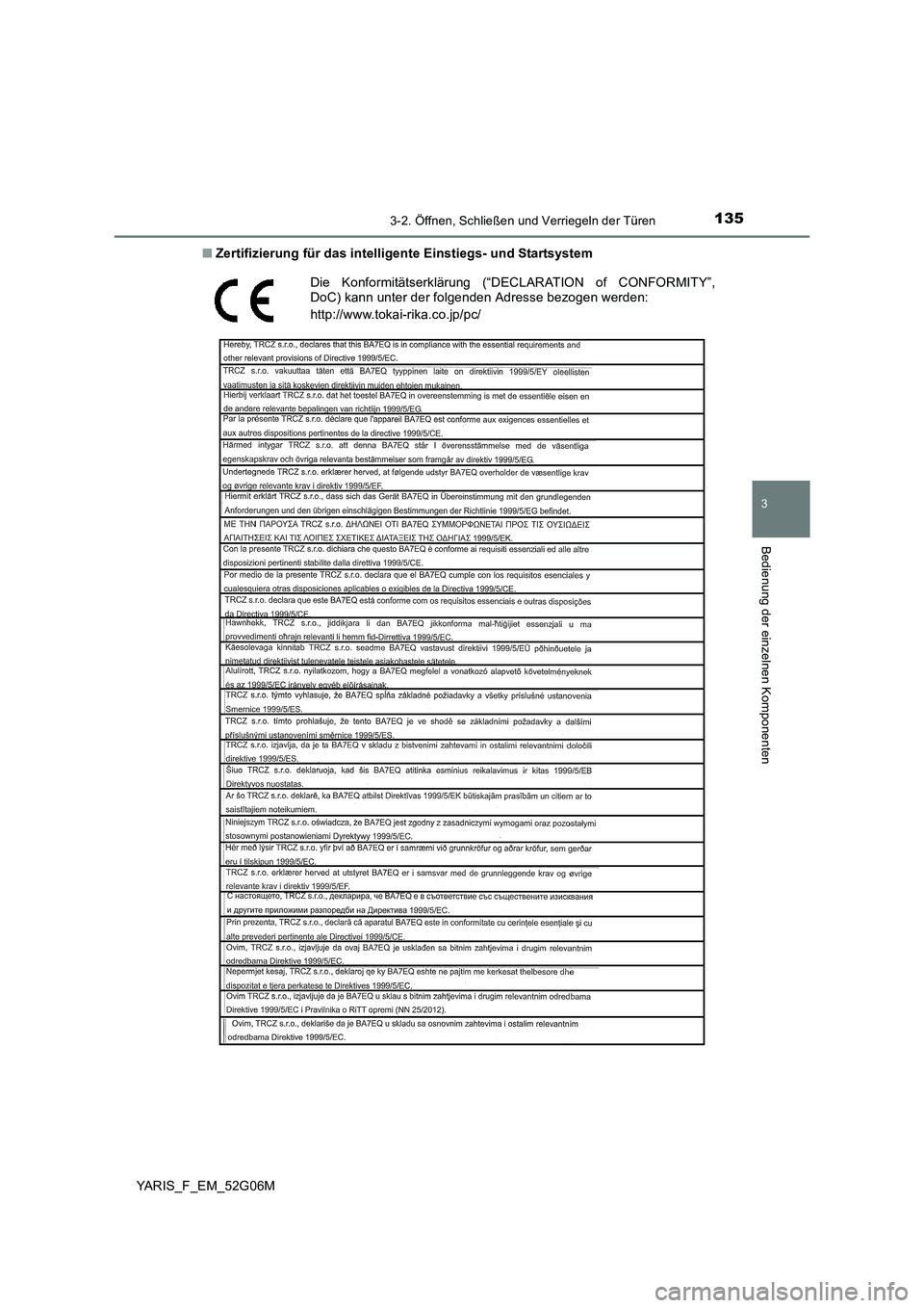 TOYOTA YARIS HATCHBACK 2015  Betriebsanleitungen (in German) 1353-2. Öffnen, Schließen und Verriegeln der Türen
3
Bedienung der einzelnen Komponenten
YARIS_F_EM_52G06M 
■ Zertifizierung für das intelligente Einstiegs- und Startsystem
Die Konformitätserkl