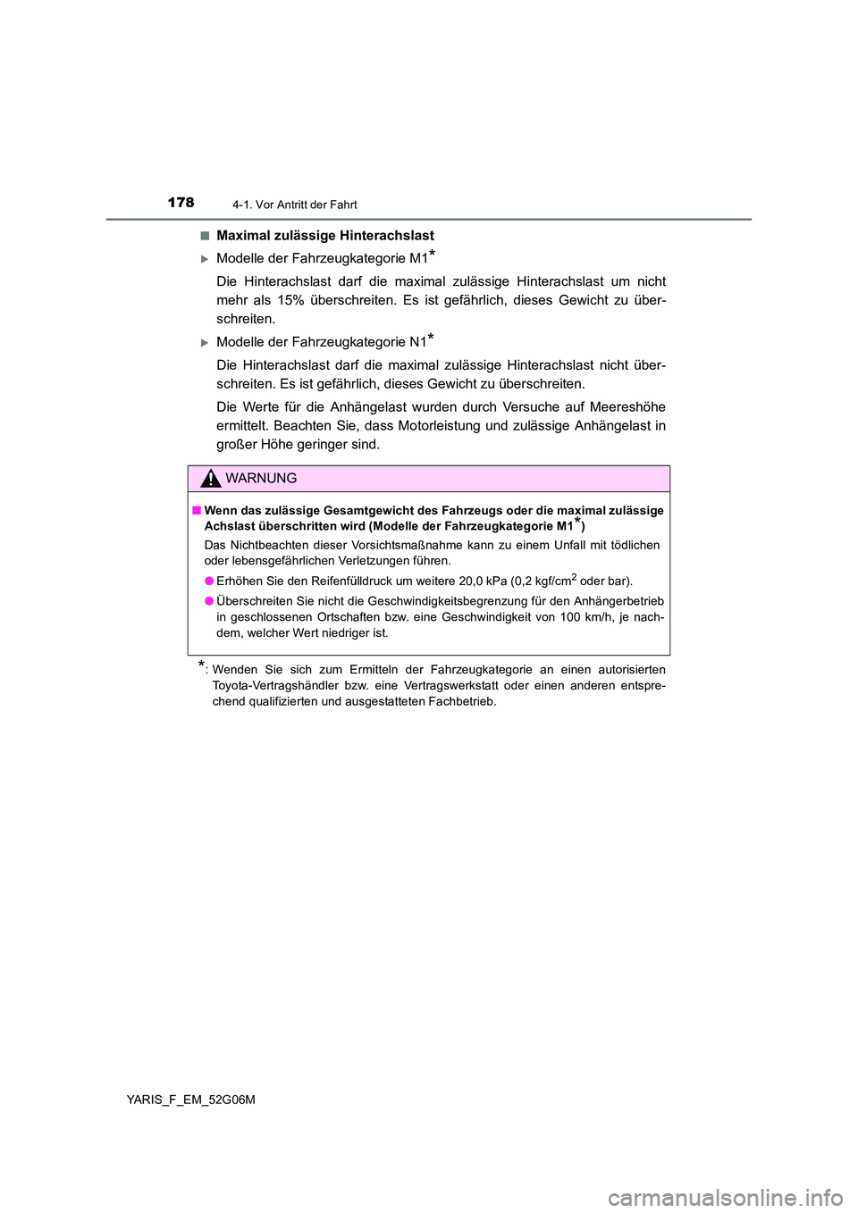 TOYOTA YARIS HATCHBACK 2015 Betriebsanleitungen (in German) 1784-1. Vor Antritt der Fahrt
YARIS_F_EM_52G06M
■Maximal zulässige Hinterachslast
Modelle der Fahrzeugkategorie M1*
Die Hinterachslast darf die maximal zulässige Hinterachslast um nicht
mehr TOYOTA YARIS HATCHBACK 2015 Betriebsanleitungen (in German) 1784-1. Vor Antritt der Fahrt
YARIS_F_EM_52G06M
■Maximal zulässige Hinterachslast
Modelle der Fahrzeugkategorie M1*
Die Hinterachslast darf die maximal zulässige Hinterachslast um nicht
mehr