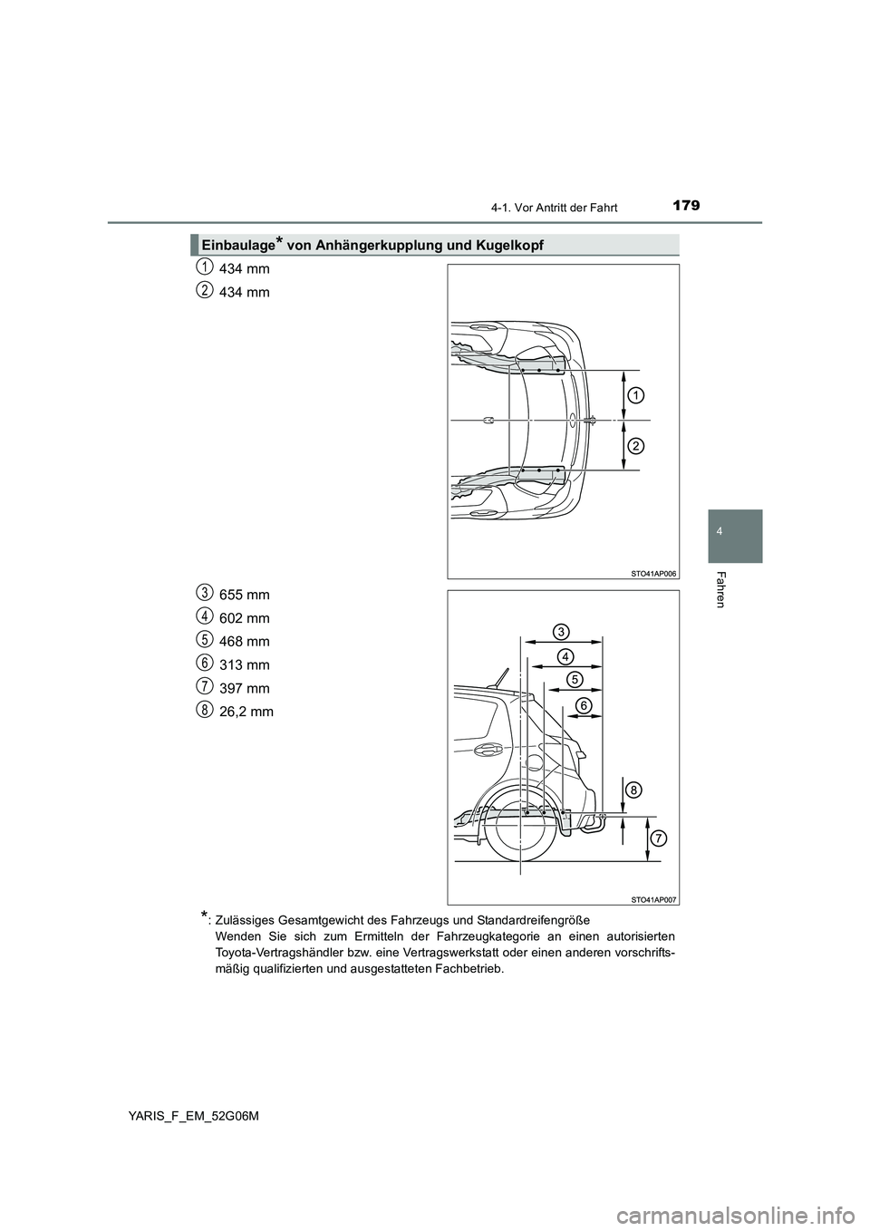 TOYOTA YARIS HATCHBACK 2015  Betriebsanleitungen (in German) 1794-1. Vor Antritt der Fahrt
4
Fahren
YARIS_F_EM_52G06M
434 mm 
434 mm 
655 mm 
602 mm
468 mm 
313 mm 
397 mm
26,2 mm
*: Zulässiges Gesamtgewicht des Fahrzeugs und Standardreifengröße 
Wenden Sie 