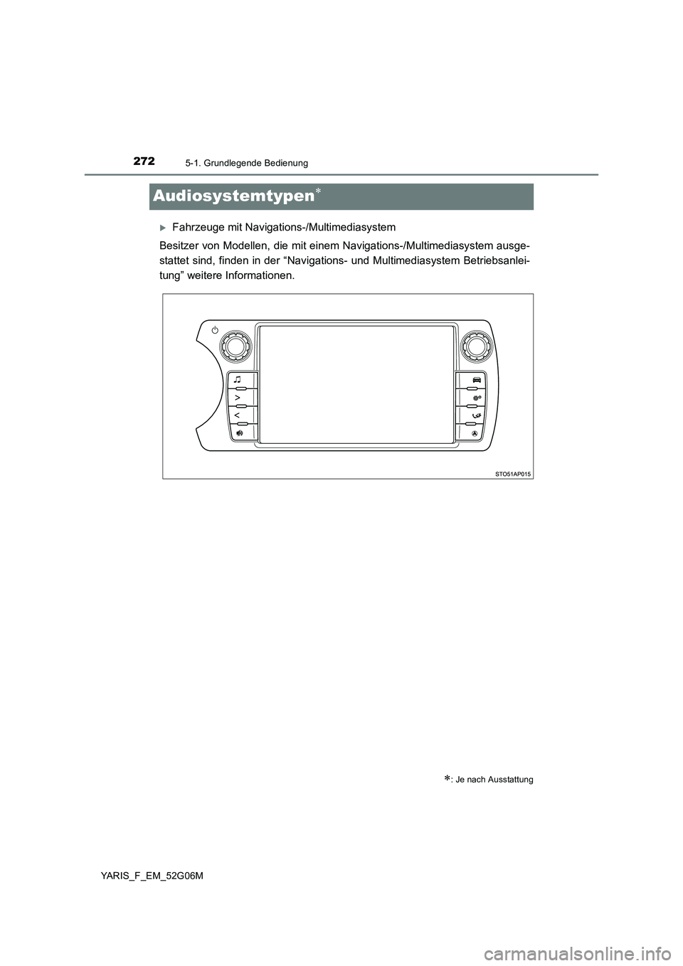 TOYOTA YARIS HATCHBACK 2015  Betriebsanleitungen (in German) 2725-1. Grundlegende Bedienung
YARIS_F_EM_52G06M
Audiosystemtypen
Fahrzeuge mit Navigations-/Multimediasystem 
Besitzer von Modellen, die mit einem Navigations-/Multimediasystem ausge- 
stattet 