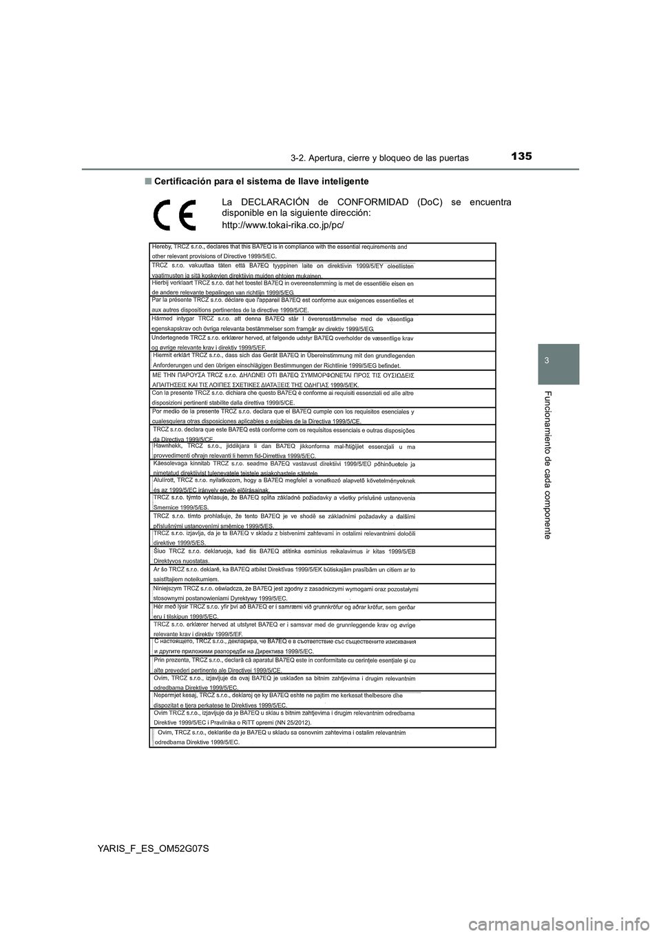 TOYOTA YARIS HATCHBACK 2015  Manual del propietario (in Spanish) 1353-2. Apertura, cierre y bloqueo de las puertas
3
Funcionamiento de cada componente
YARIS_F_ES_OM52G07S 
■ Certificación para el sistema de llave inteligente
La DECLARACIÓN de CONFORMIDAD (DoC) 