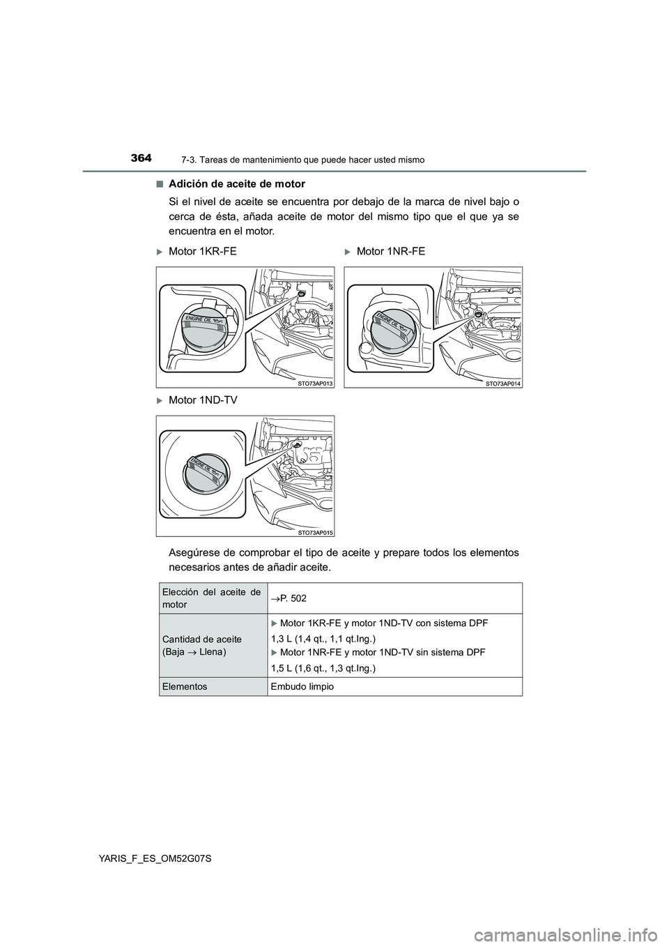 TOYOTA YARIS HATCHBACK 2015  Manual del propietario (in Spanish) 3647-3. Tareas de mantenimiento que puede hacer usted mismo
YARIS_F_ES_OM52G07S 
■Adición de aceite de motor 
Si el nivel de aceite se encuentra por debajo de la marca de nivel bajo o 
cerca de és