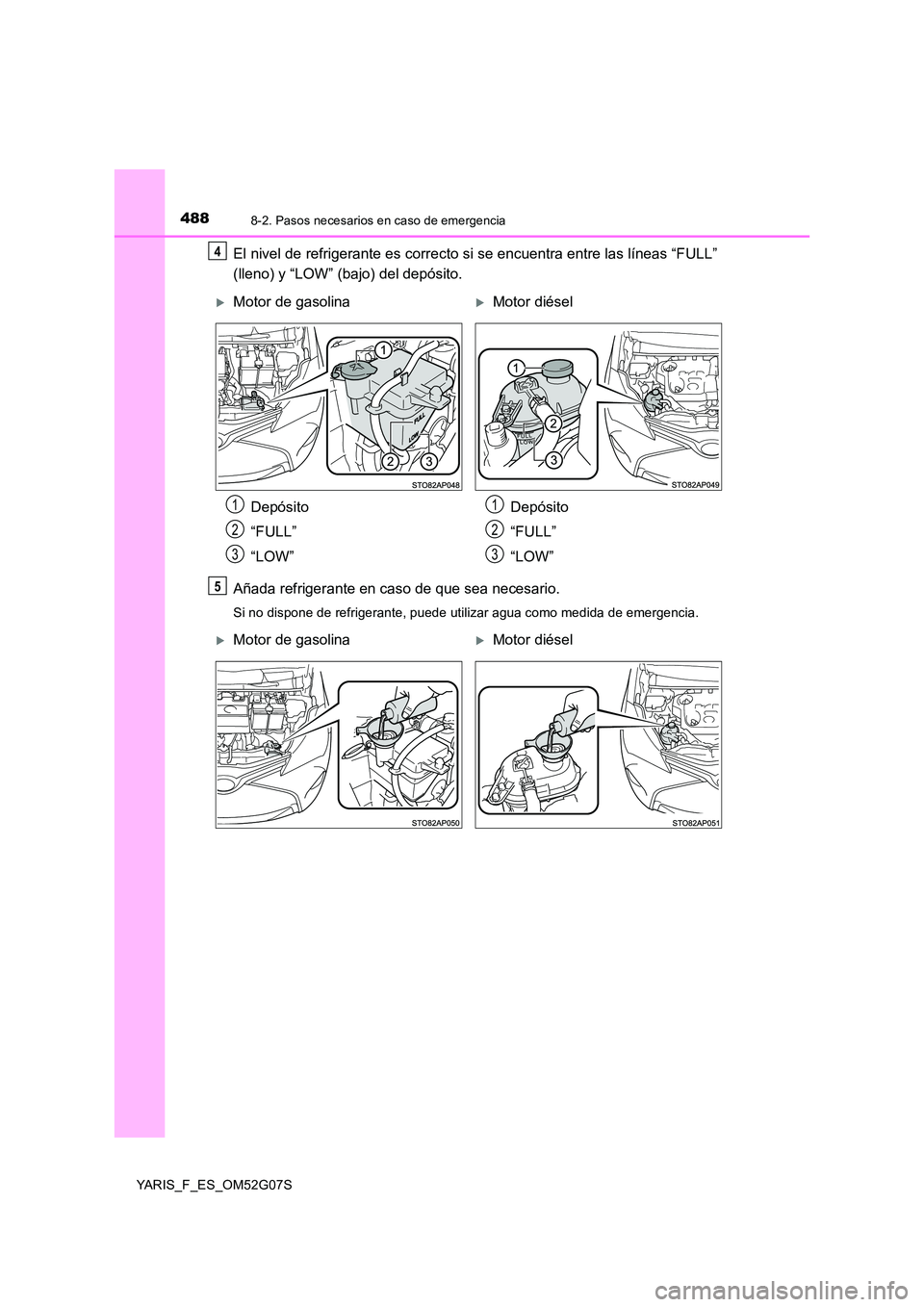 TOYOTA YARIS HATCHBACK 2015  Manual del propietario (in Spanish) 4888-2. Pasos necesarios en caso de emergencia
YARIS_F_ES_OM52G07S
El nivel de refrigerante es correcto si se encuentra entre las líneas “FULL” 
(lleno) y “LOW” (bajo) del depósito. 
Añada 