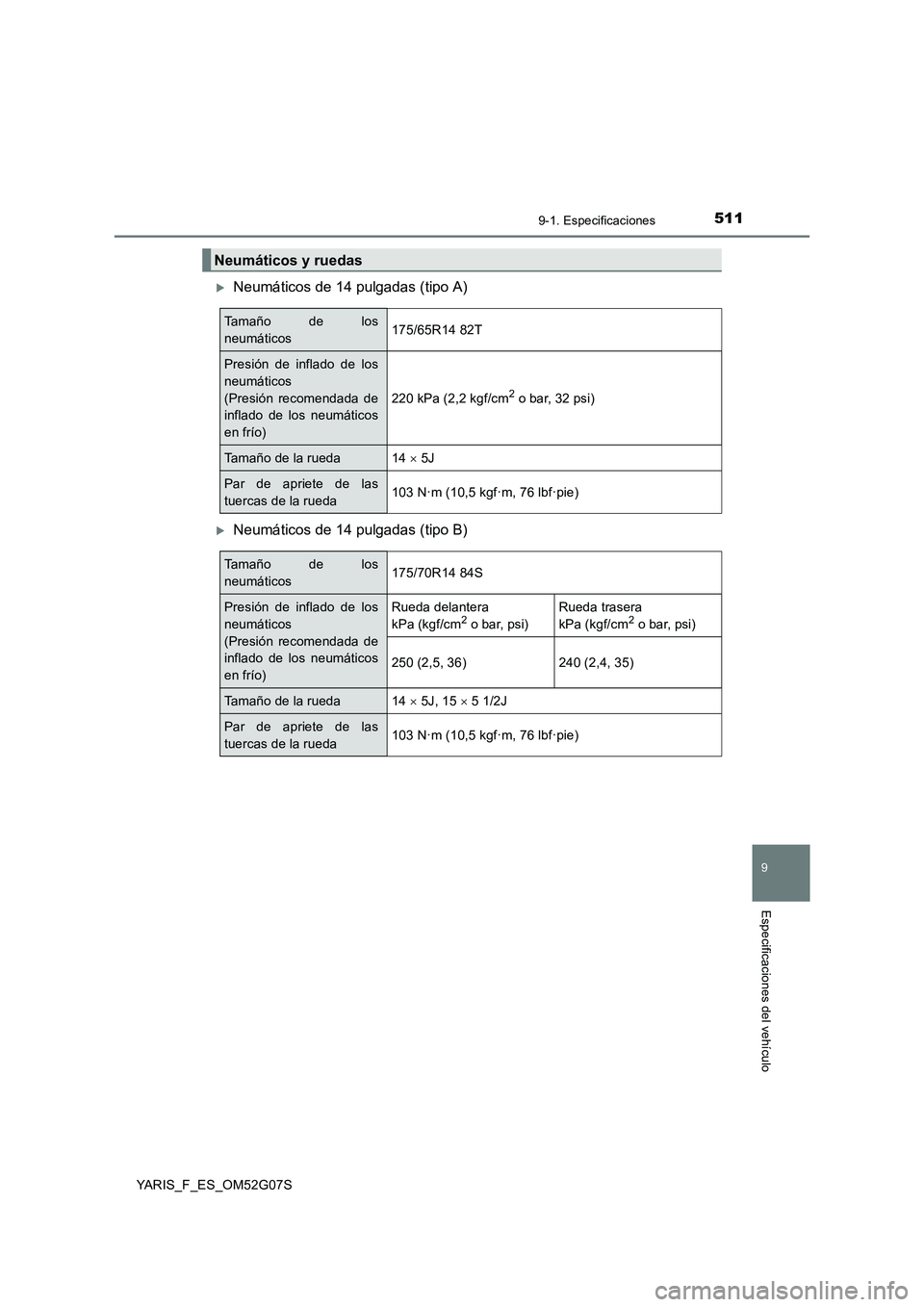 TOYOTA YARIS HATCHBACK 2015  Manual del propietario (in Spanish) 5119-1. Especificaciones
9
Especificaciones del vehículo
YARIS_F_ES_OM52G07S
Neumáticos de 14 pulgadas (tipo A)
Neumáticos de 14 pulgadas (tipo B)
Neumáticos y ruedas
Ta m a ñ o  d e  l o s