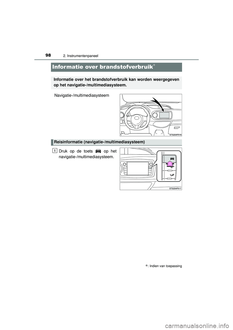 TOYOTA YARIS HATCHBACK 2015  Instructieboekje (in Dutch) 982. Instrumentenpaneel
YARIS_F_WE_52G04NL
Informatie over brandstofverbruik∗
Navigatie-/multimediasysteem
Druk op de toets   op het
navigatie-/multi mediasysteem.
∗: Indien van toepassing
Informa