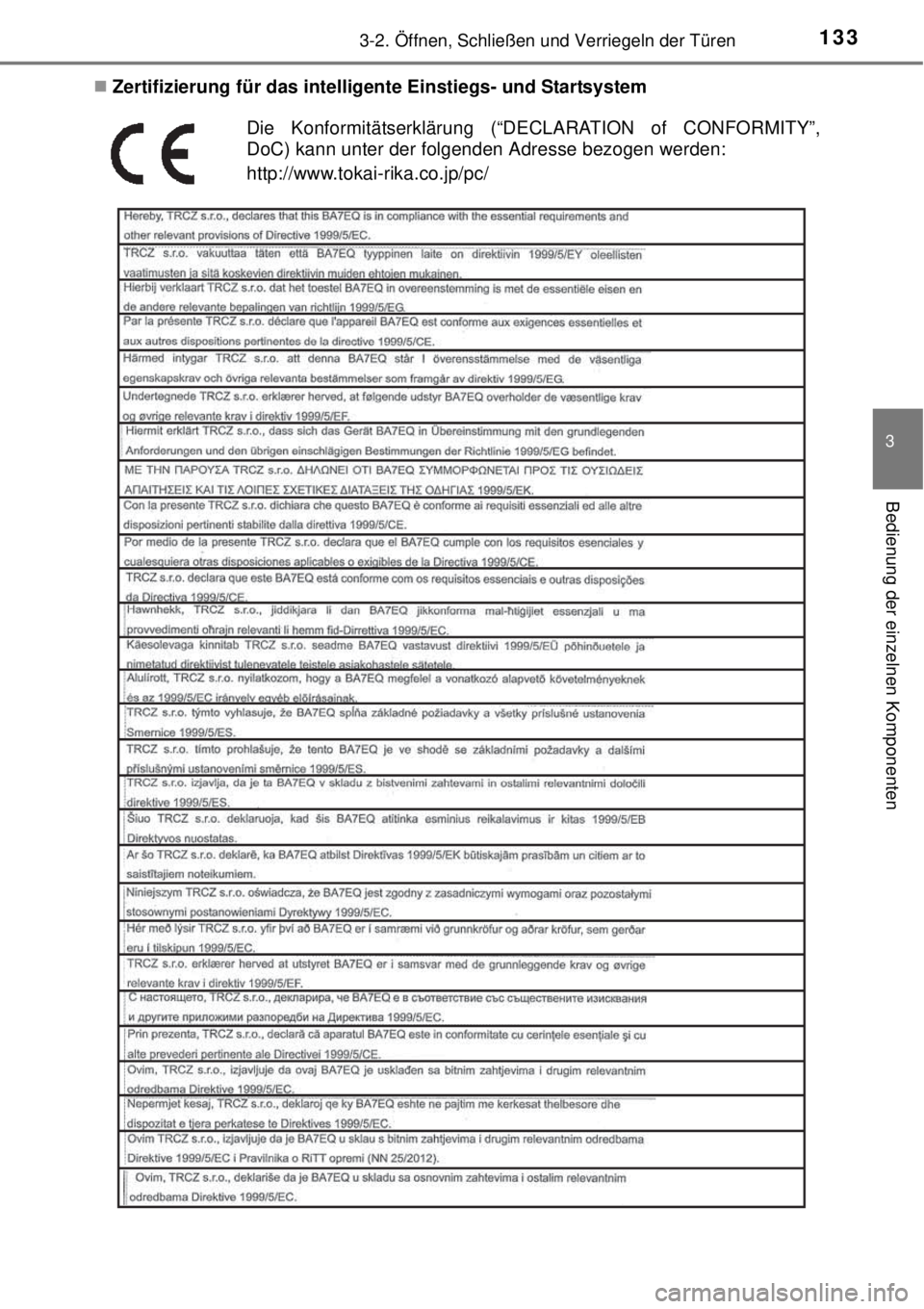 TOYOTA YARIS HATCHBACK 2014  Betriebsanleitungen (in German) 1333-2. Öffnen, Schließen und Verriegeln der Türen
3
Bedienung der einzelnen Komponenten
Zertifizierung für das intelligente Einstiegs- und Startsystem
Die Konformitätserklärung (“DECLARATI