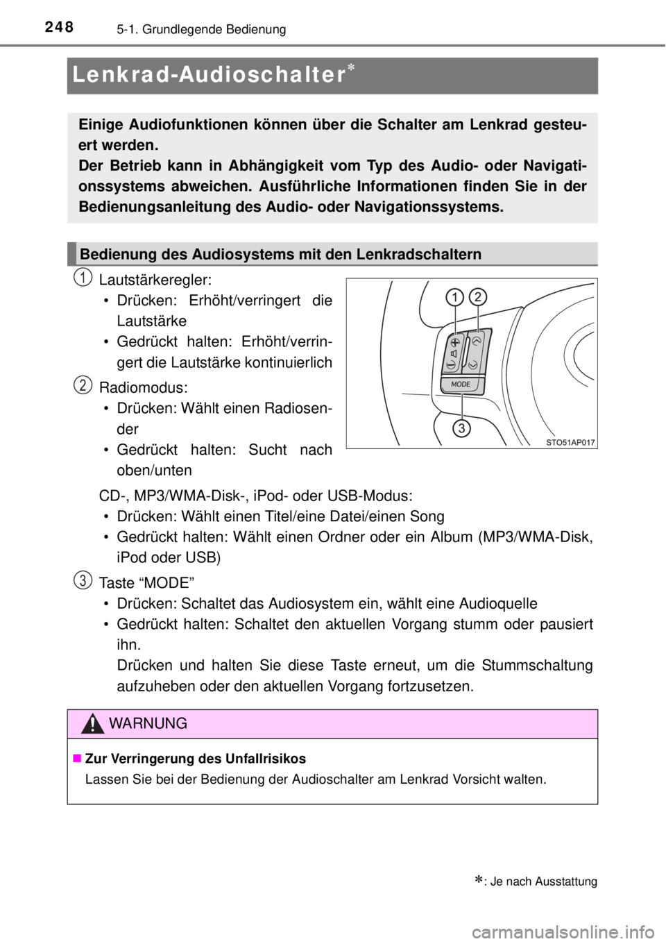 TOYOTA YARIS HATCHBACK 2014 Betriebsanleitungen (in German) 2485-1. Grundlegende Bedienung
Lenkrad-Audioschalter
Lautstärkeregler:
• Drücken: Erhöht/verringert die
Lautstärke
• Gedrückt halten: Erhöht/verrin-
gert die Lautstärke kontinuierlich
Ra TOYOTA YARIS HATCHBACK 2014 Betriebsanleitungen (in German) 2485-1. Grundlegende Bedienung
Lenkrad-Audioschalter
Lautstärkeregler:
• Drücken: Erhöht/verringert die
Lautstärke
• Gedrückt halten: Erhöht/verrin-
gert die Lautstärke kontinuierlich
Ra