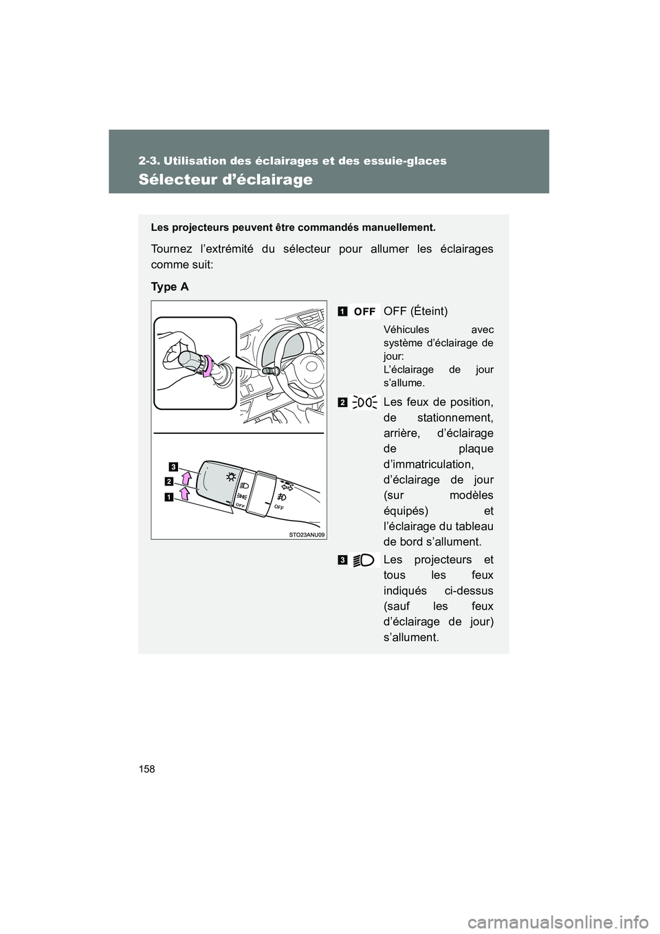 TOYOTA YARIS HATCHBACK 2014  Manuel du propriétaire (in French) 158
YARIS_HB_D_52A16D
2-3. Utilisation des éclairages et des essuie-glaces
Sélecteur d’éclairage
Les projecteurs peuvent être commandés manuellement.
Tournez l’extrémité du sélecteur pour 