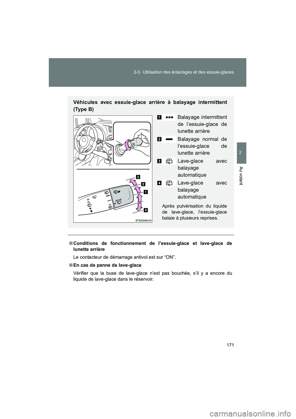 TOYOTA YARIS HATCHBACK 2014  Manuel du propriétaire (in French) 171
2-3. Utilisation des éclairages et des essuie-glaces
2
Au volant
YARIS_HB_D_52A16D
■
Conditions de fonctionnement de l’essuie-glace et lave-glace de
lunette arrière
Le contacteur de démarra