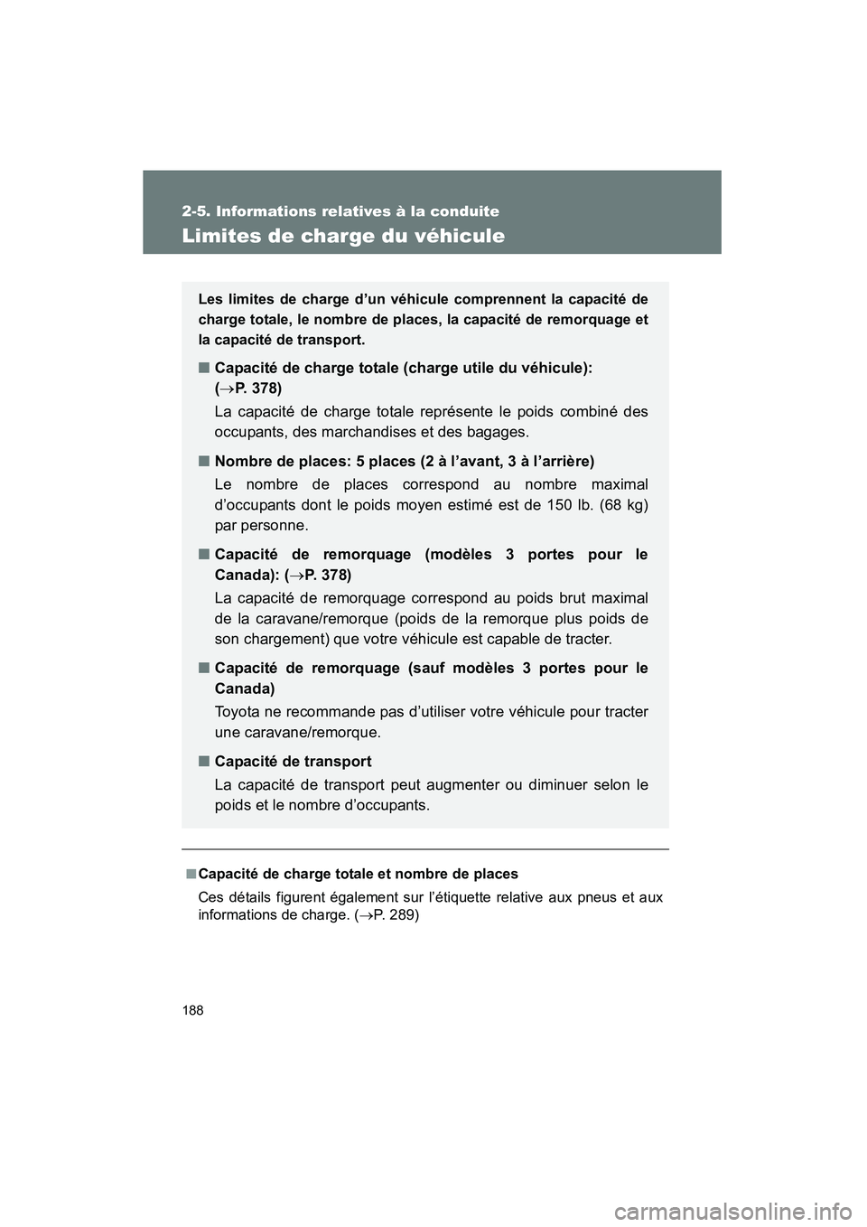 TOYOTA YARIS HATCHBACK 2014  Manuel du propriétaire (in French) 188
2-5. Informations relatives à la conduite
YARIS_HB_D_52A16D
Limites de charge du véhicule
■Capacité de charge totale et nombre de places
Ces détails figurent également sur l’étiquette re