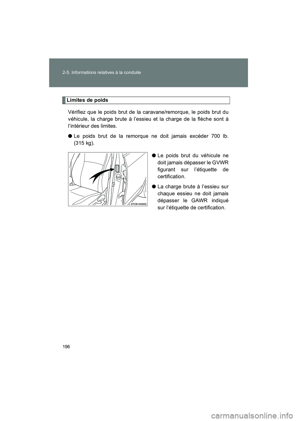TOYOTA YARIS HATCHBACK 2014  Manuel du propriétaire (in French) 196 2-5. Informations relatives à la conduite
YARIS_HB_D_52A16D
Limites de poidsVérifiez que le poids brut de la caravane/remorque, le poids brut du
véhicule, la charge brute à l’essieu et la ch