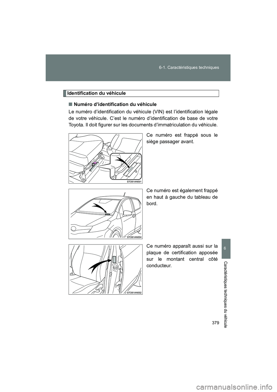 TOYOTA YARIS HATCHBACK 2014  Manuel du propriétaire (in French) 379
6-1. Caractéristiques techniques
YARIS_HB_D_52A16D
6
Caractéristiques techniques du véhicule
Identification du véhicule
■ Numéro d’identification du véhicule
Le numéro d’identificatio