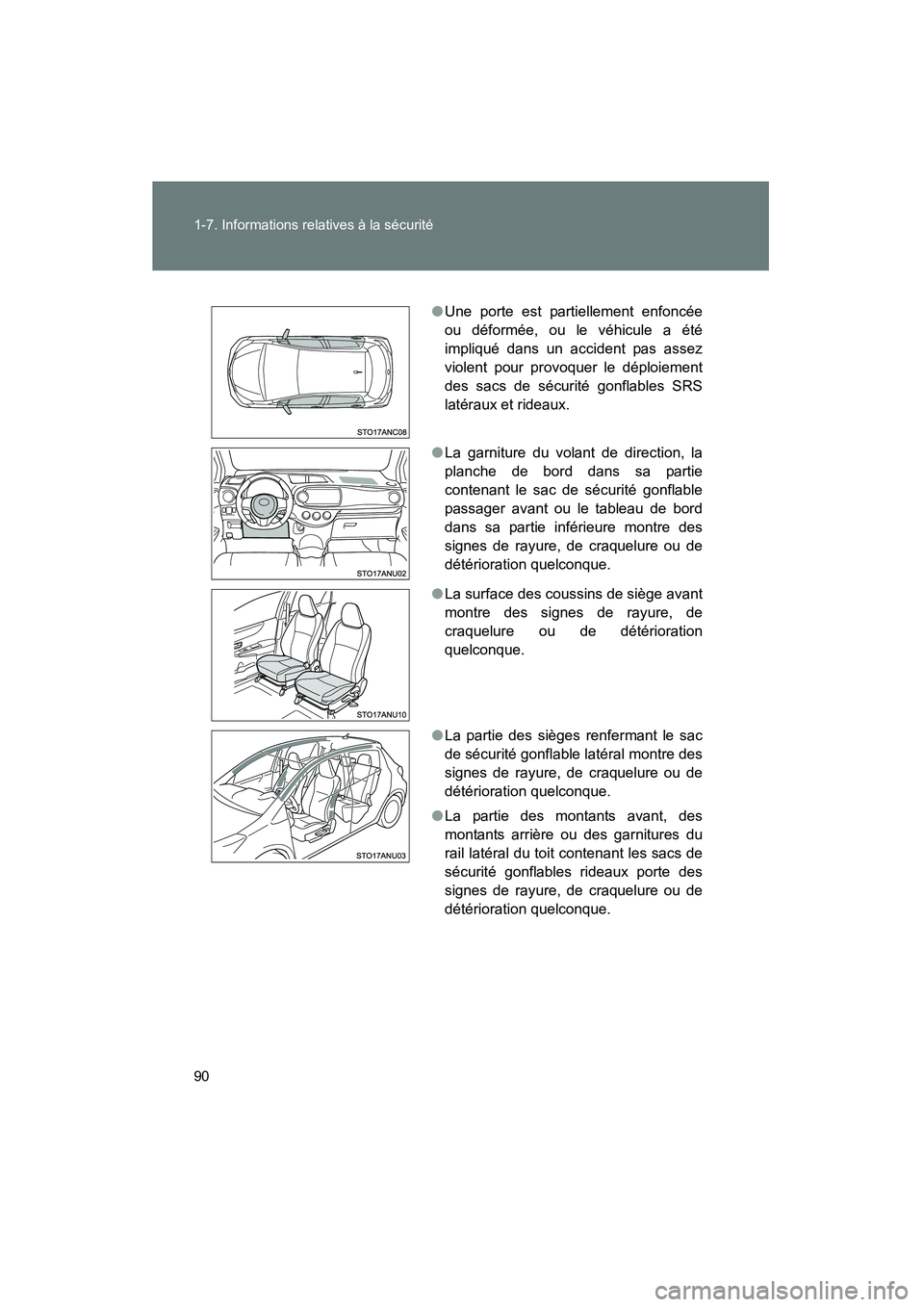 TOYOTA YARIS HATCHBACK 2014  Manuel du propriétaire (in French) 90 1-7. Informations relatives à la sécurité
YARIS_HB_D_52A16D
●Une porte est partiellement enfoncée
ou déformée, ou le véhicule a été
impliqué dans un accident pas assez
violent pour prov
