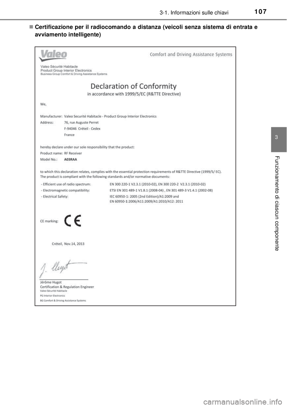 TOYOTA YARIS HATCHBACK 2014  Manuale duso (in Italian) 1073-1. Informazioni sulle chiavi
3
Funzionamento di ciascun componente
Certificazione per il radiocomando a distanza (veicoli senza sistema di entrata e
avviamento intelligente) 