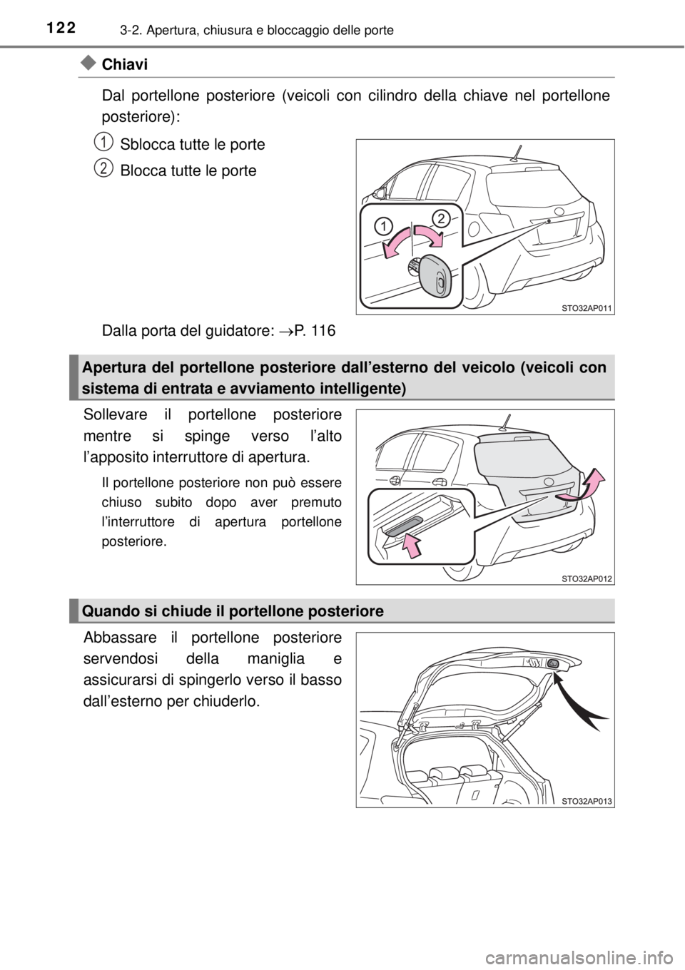 TOYOTA YARIS HATCHBACK 2014  Manuale duso (in Italian) 1223-2. Apertura, chiusura e bloccaggio delle porte
Chiavi
Dal portellone posteriore (veicoli con cilindro della chiave nel portellone
posteriore):
Sblocca tutte le porte
Blocca tutte le porte
Dall