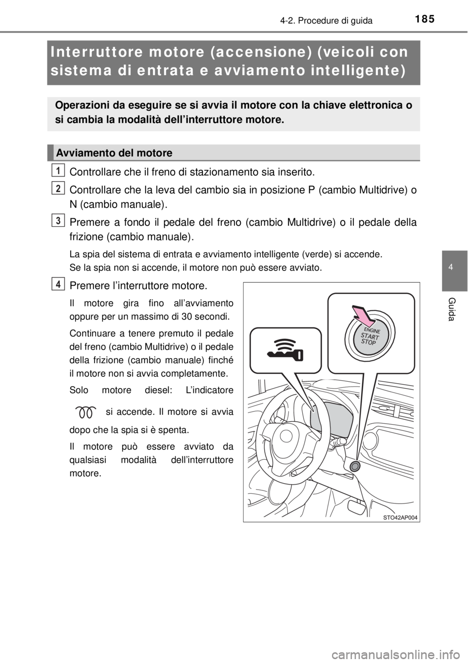 TOYOTA YARIS HATCHBACK 2014  Manuale duso (in Italian) 185
4
4-2. Procedure di guida
Guida
Interruttore motore (accensione) (veicoli con 
sistema di entrata e avviamento intelligente)
Controllare che il freno di stazionamento sia inserito.
Controllare che