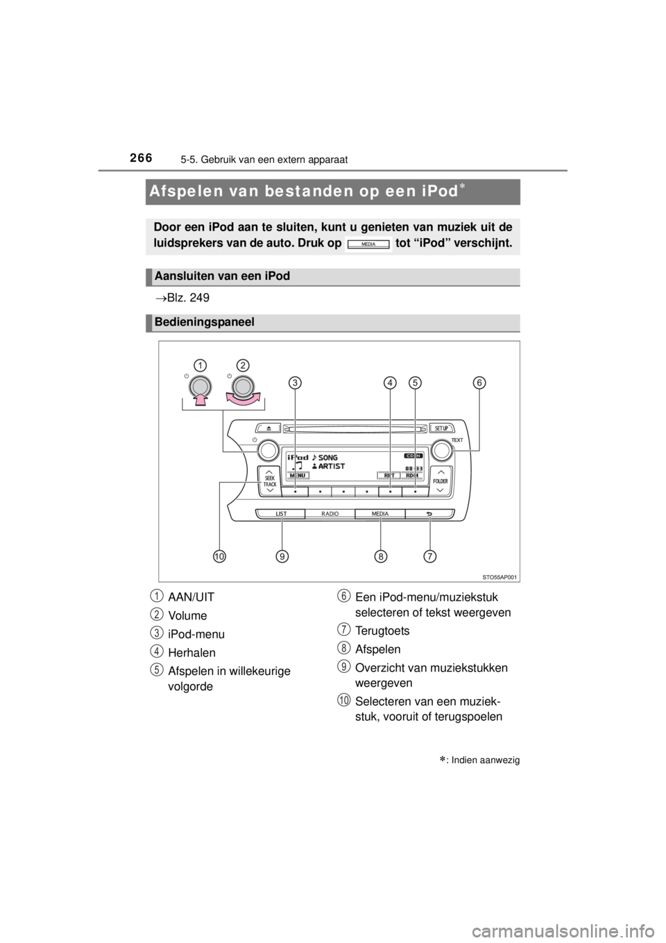 TOYOTA YARIS HATCHBACK 2014  Instructieboekje (in Dutch) 2665-5. Gebruik van een extern apparaat
YARIS_F_WE_52D53E
Afspelen van bestanden op een iPod
Blz. 249
: Indien aanwezig
Door een iPod aan te sluiten, kunt u genieten van muziek uit de
luidspr