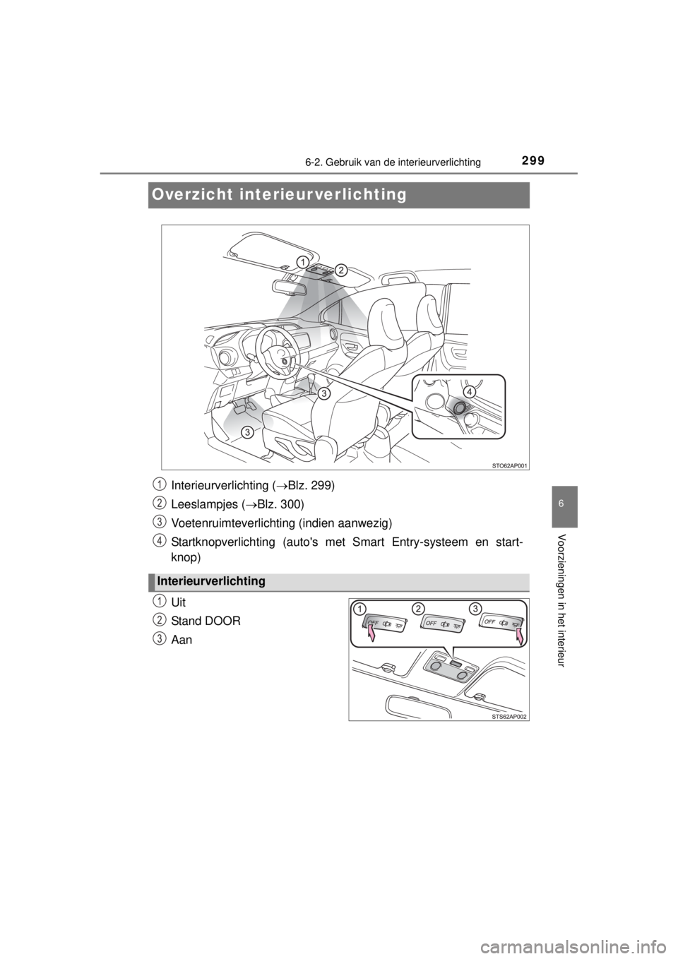 TOYOTA YARIS HATCHBACK 2014  Instructieboekje (in Dutch) 2996-2. Gebruik van de interieurverlichting
6
Voorzieningen in het interieur
YARIS_F_WE_52D53E
Overzicht interieur verlichting
Uit
Stand DOOR
Aan
Interieurverlichting (Blz. 299)
Leeslampjes (Blz