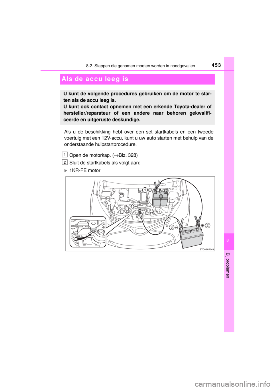 TOYOTA YARIS HATCHBACK 2014  Instructieboekje (in Dutch) 4538-2. Stappen die genomen moeten worden in noodgevallen
8
Bij problemen
YARIS_F_WE_52D53E
Als de accu leeg is
Als u de beschikking hebt over een set startkabels en een tweede
voertuig met een 12V-ac