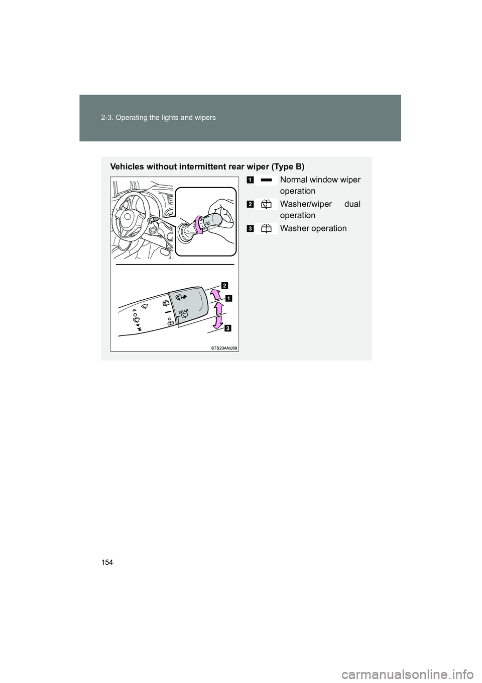 TOYOTA YARIS HATCHBACK 2013  Owners Manual 154 2-3. Operating the lights and wipers
YARIS_HB_U_52D44U
Vehicles without intermittent rear wiper (Type B)Normal window wiper
operation
Washer/wiper dual
operation
Washer operation 