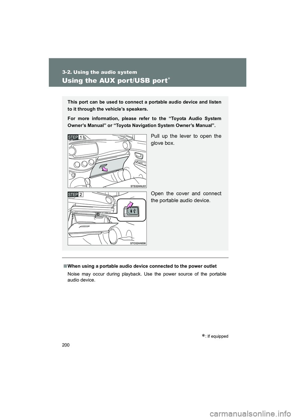 TOYOTA YARIS HATCHBACK 2013  Owners Manual 200
YARIS_HB_U_52D44U
3-2. Using the audio system
Using the AUX port/USB por t∗
∗: If equipped
■When using a portable audio device connected to the power outlet
Noise may occur during playback. 