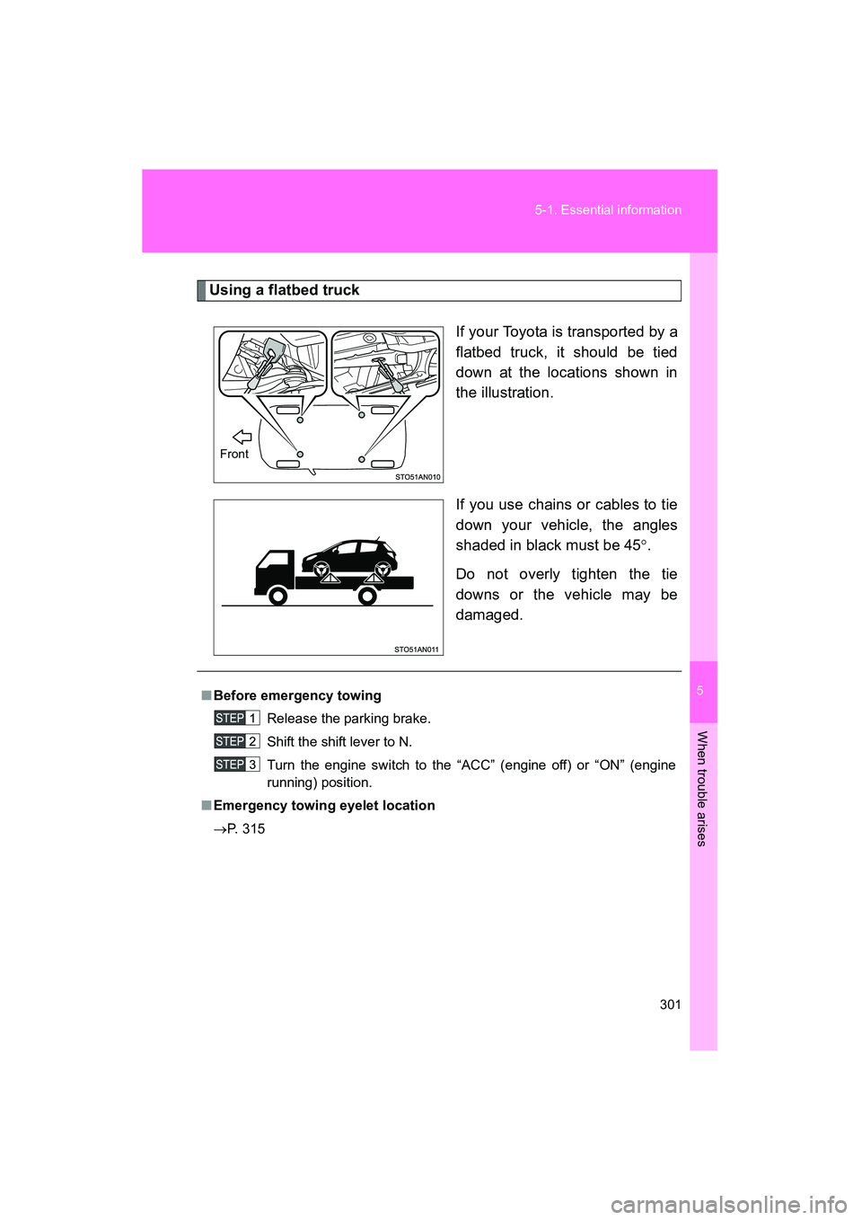 TOYOTA YARIS HATCHBACK 2013  Owners Manual 5
When trouble arises
301
5-1. Essential information
YARIS_HB_U_52D44U
Using a flatbed truck
If your Toyota is transported by a
flatbed truck, it should be tied
down at the locations shown in
the illu
