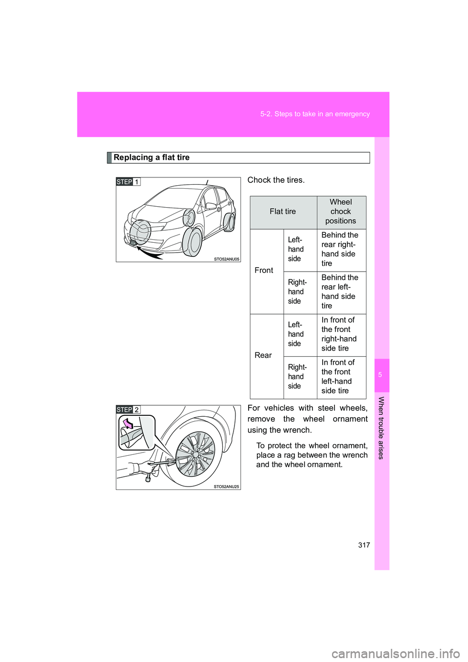 TOYOTA YARIS HATCHBACK 2013  Owners Manual 5
When trouble arises
317
5-2. Steps to take in an emergency
YARIS_HB_U_52D44U
Replacing a flat tire
Chock the tires.
For vehicles with steel wheels,
remove the wheel ornament
using the wrench.
To pro