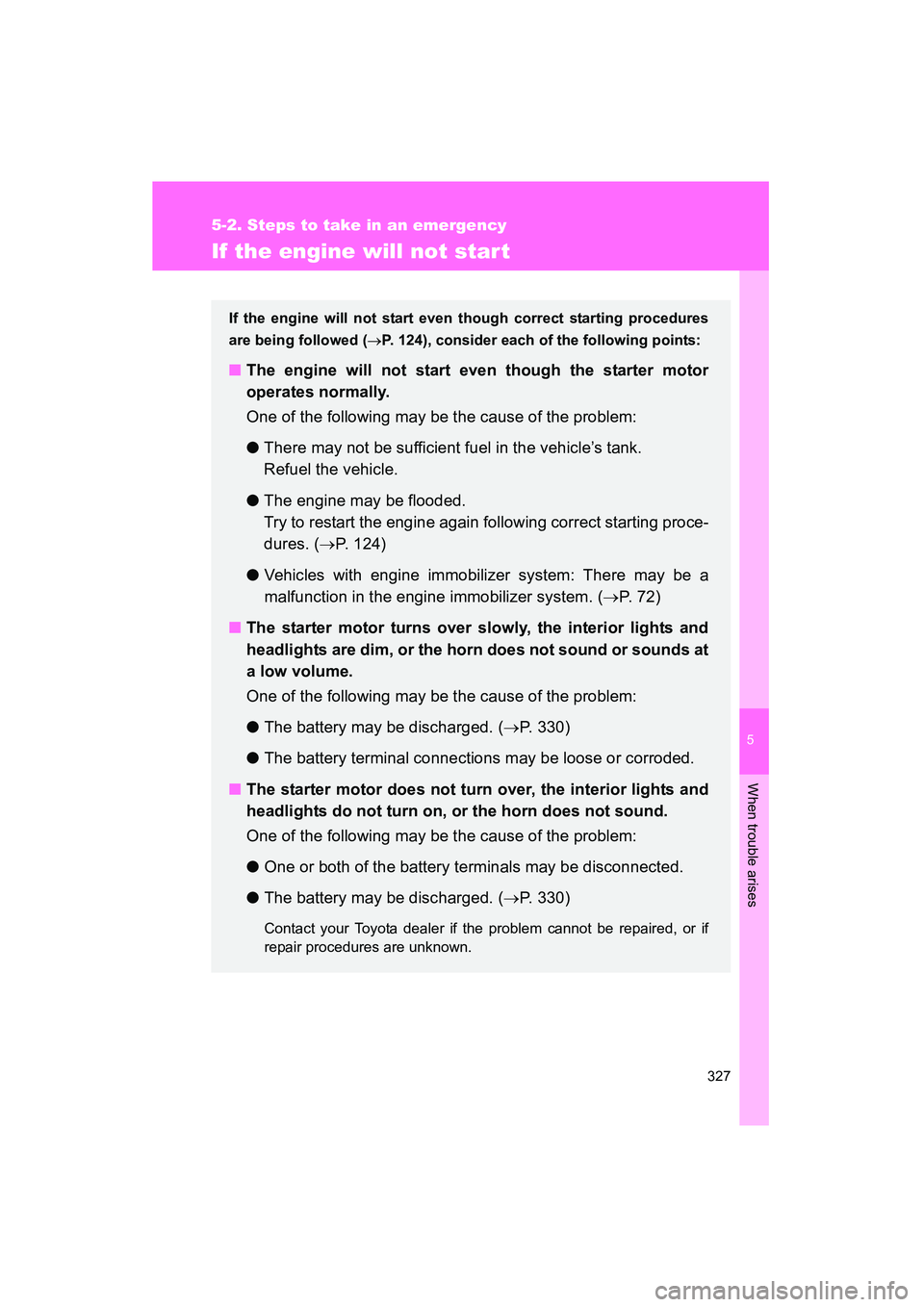 TOYOTA YARIS HATCHBACK 2013 Owners Manual 5
When trouble arises
327
5-2. Steps to take in an emergency
YARIS_HB_U_52D44U
If the engine will not start
If the engine will not start even though correct starting procedures
are being followed ( TOYOTA YARIS HATCHBACK 2013 Owners Manual 5
When trouble arises
327
5-2. Steps to take in an emergency
YARIS_HB_U_52D44U
If the engine will not start
If the engine will not start even though correct starting procedures
are being followed (