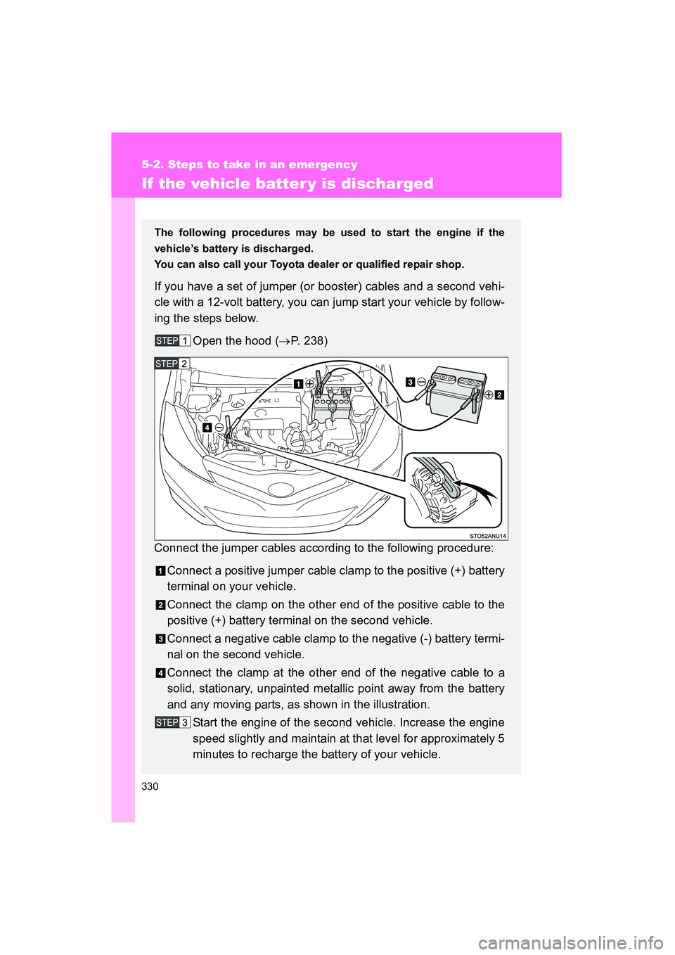 TOYOTA YARIS HATCHBACK 2013 Owners Manual 330
5-2. Steps to take in an emergency
YARIS_HB_U_52D44U
If the vehicle batter y is discharged
The following procedures may be used to start the engine if the
vehicle’s battery is discharged.
You ca TOYOTA YARIS HATCHBACK 2013 Owners Manual 330
5-2. Steps to take in an emergency
YARIS_HB_U_52D44U
If the vehicle batter y is discharged
The following procedures may be used to start the engine if the
vehicle’s battery is discharged.
You ca