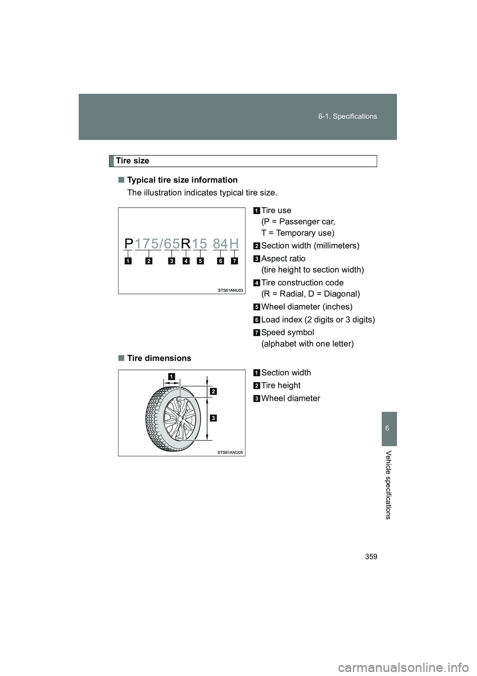 TOYOTA YARIS HATCHBACK 2013  Owners Manual 359
6-1. Specifications
6
Vehicle specifications
YARIS_HB_U_52D44U
Tire size
■ Typical tire size information
The illustration indicates typical tire size.
Tire use
(P = Passenger car,
T = Temporary 