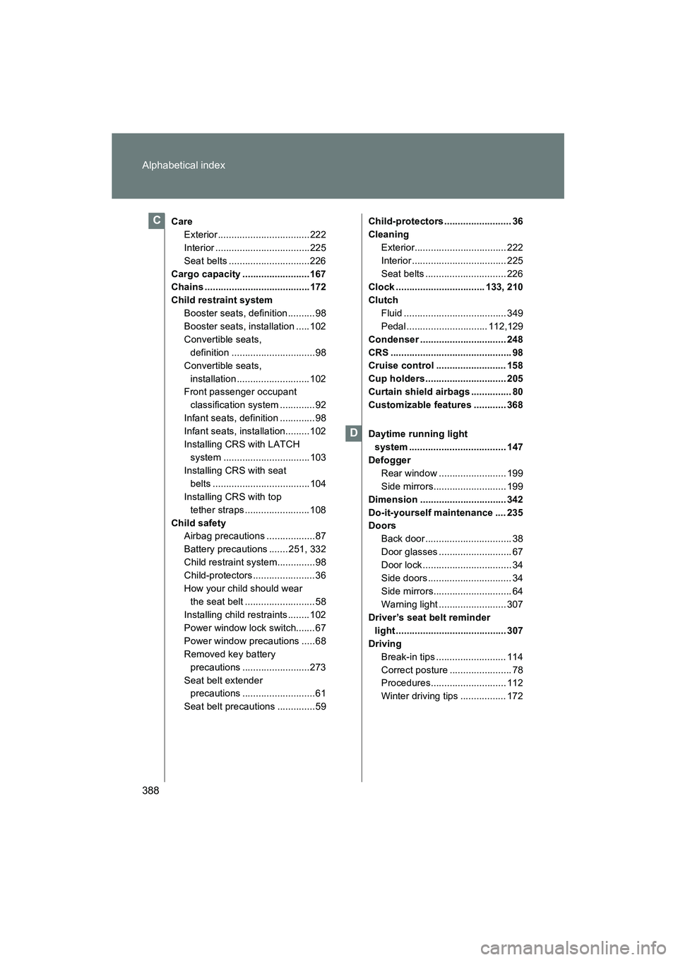 TOYOTA YARIS HATCHBACK 2013 Owners Manual 388 Alphabetical index
YARIS_HB_U_52D44U
CareExterior.................................. 222
Interior ...................................225
Seat belts ..............................226
Cargo capacity TOYOTA YARIS HATCHBACK 2013 Owners Manual 388 Alphabetical index
YARIS_HB_U_52D44U
CareExterior.................................. 222
Interior ...................................225
Seat belts ..............................226
Cargo capacity