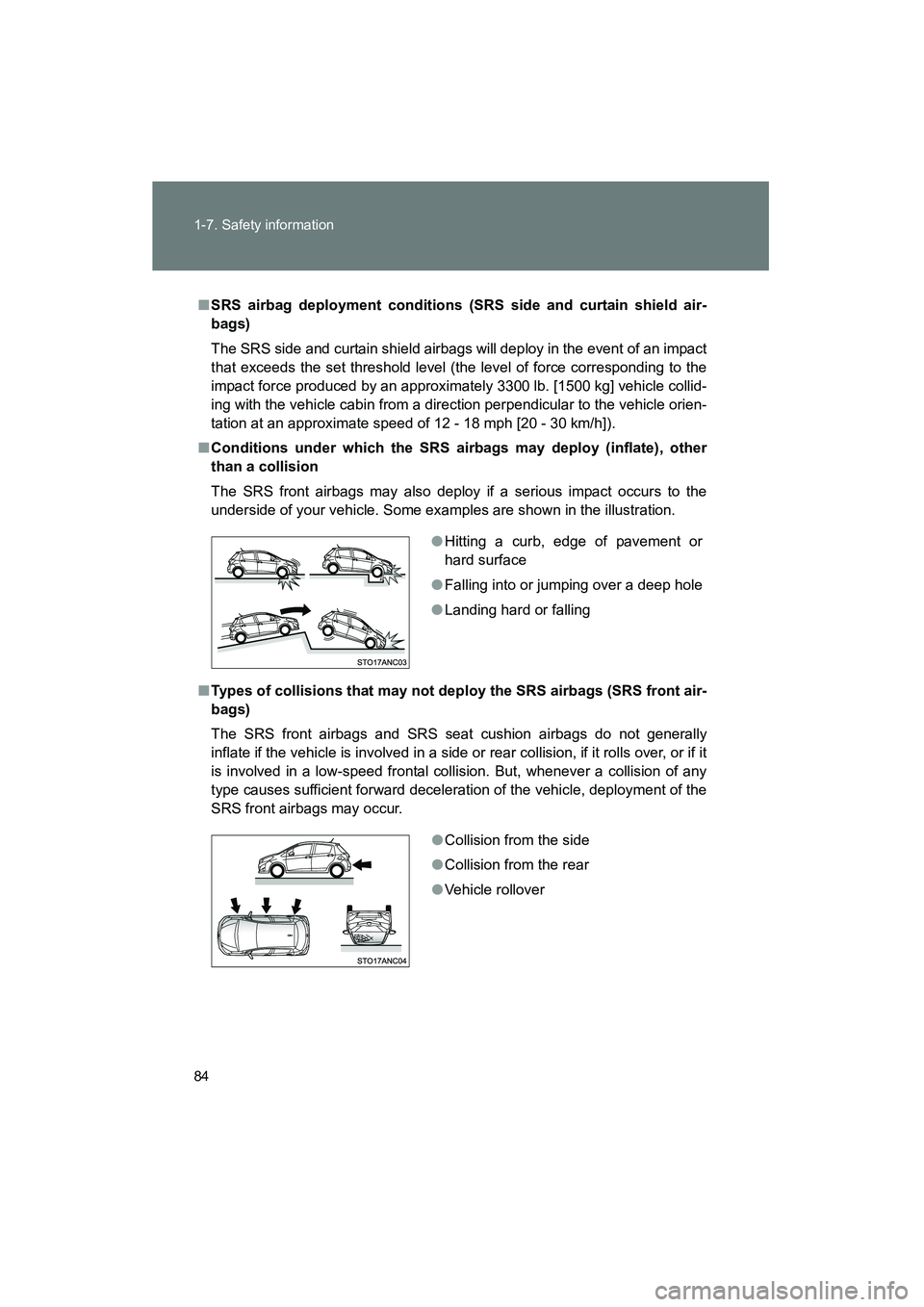 TOYOTA YARIS HATCHBACK 2013 Owners Manual 84 1-7. Safety information
YARIS_HB_U_52D44U
■SRS airbag deployment conditions (SRS side and curtain shield air-
bags)
The SRS side and curtain shield airbags will deploy in the event of an impact
t TOYOTA YARIS HATCHBACK 2013 Owners Manual 84 1-7. Safety information
YARIS_HB_U_52D44U
■SRS airbag deployment conditions (SRS side and curtain shield air-
bags)
The SRS side and curtain shield airbags will deploy in the event of an impact
t