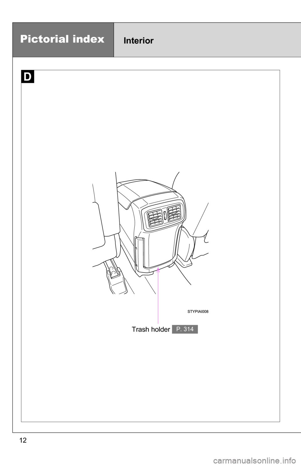 TOYOTA 4RUNNER 2009 N280 / 5.G Owners Manual 12
Pictorial indexInterior
Trash holder P. 314 