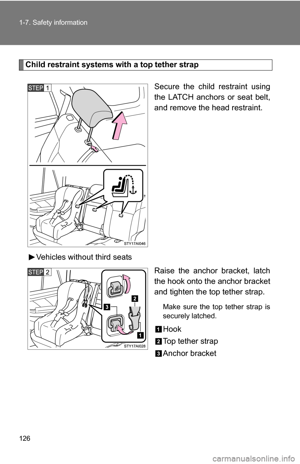 TOYOTA 4RUNNER 2009 N280 / 5.G Owners Manual 126 1-7. Safety information
Child restraint systems with a top tether strapSecure the child restraint using
the LATCH anchors or seat belt,
and remove the head restraint.
Vehicles without third seats 