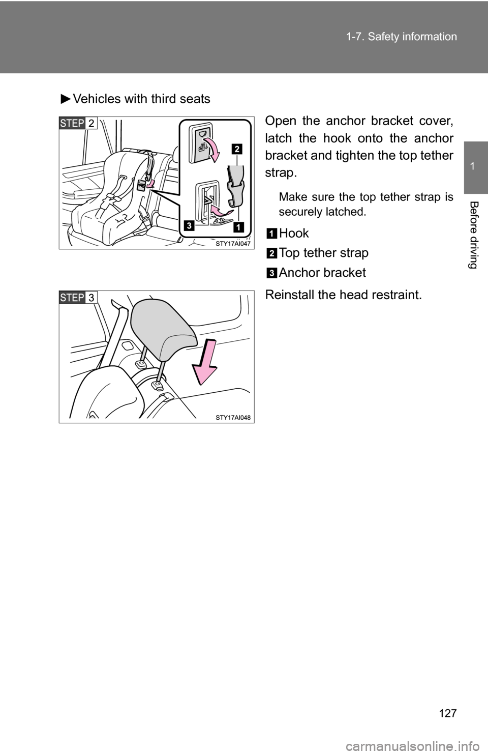 TOYOTA 4RUNNER 2009 N280 / 5.G Owners Manual 127
1-7. Safety information
1
Before driving
Vehicles with third seats
Open the anchor bracket cover,
latch the hook onto the anchor
bracket and tighten the top tether
strap.
Make sure the top tether 