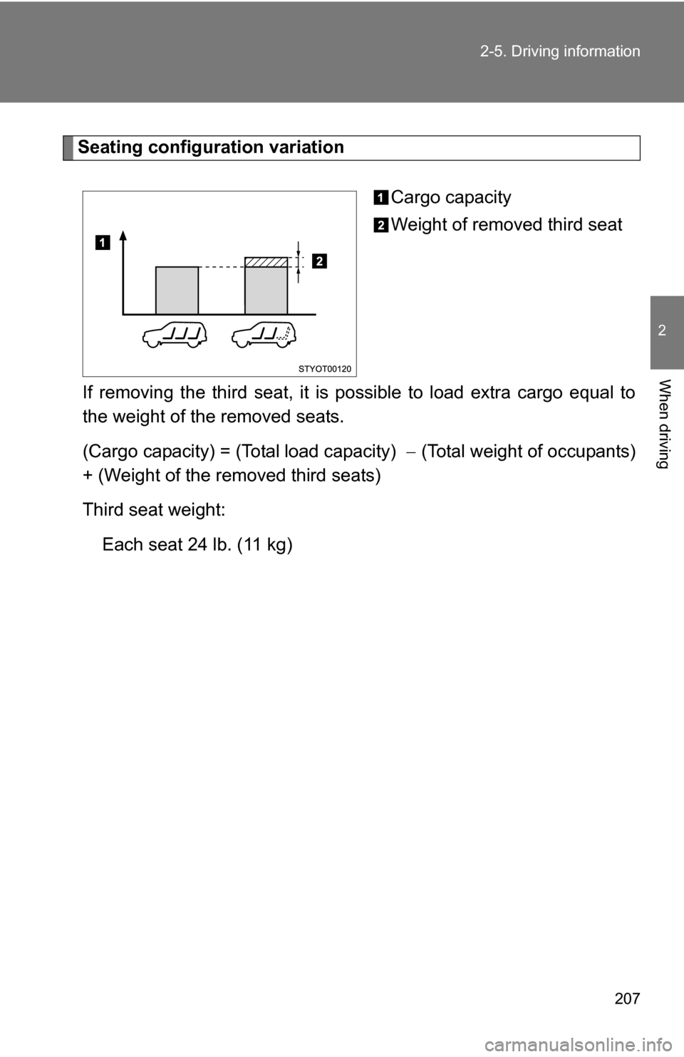 TOYOTA 4RUNNER 2009 N280 / 5.G Owners Manual 207
2-5. Driving information
2
When driving
Seating configuration variation
Cargo capacity
Weight of removed third seat
If removing the third seat, it is possible to load extra cargo equal to
the weig