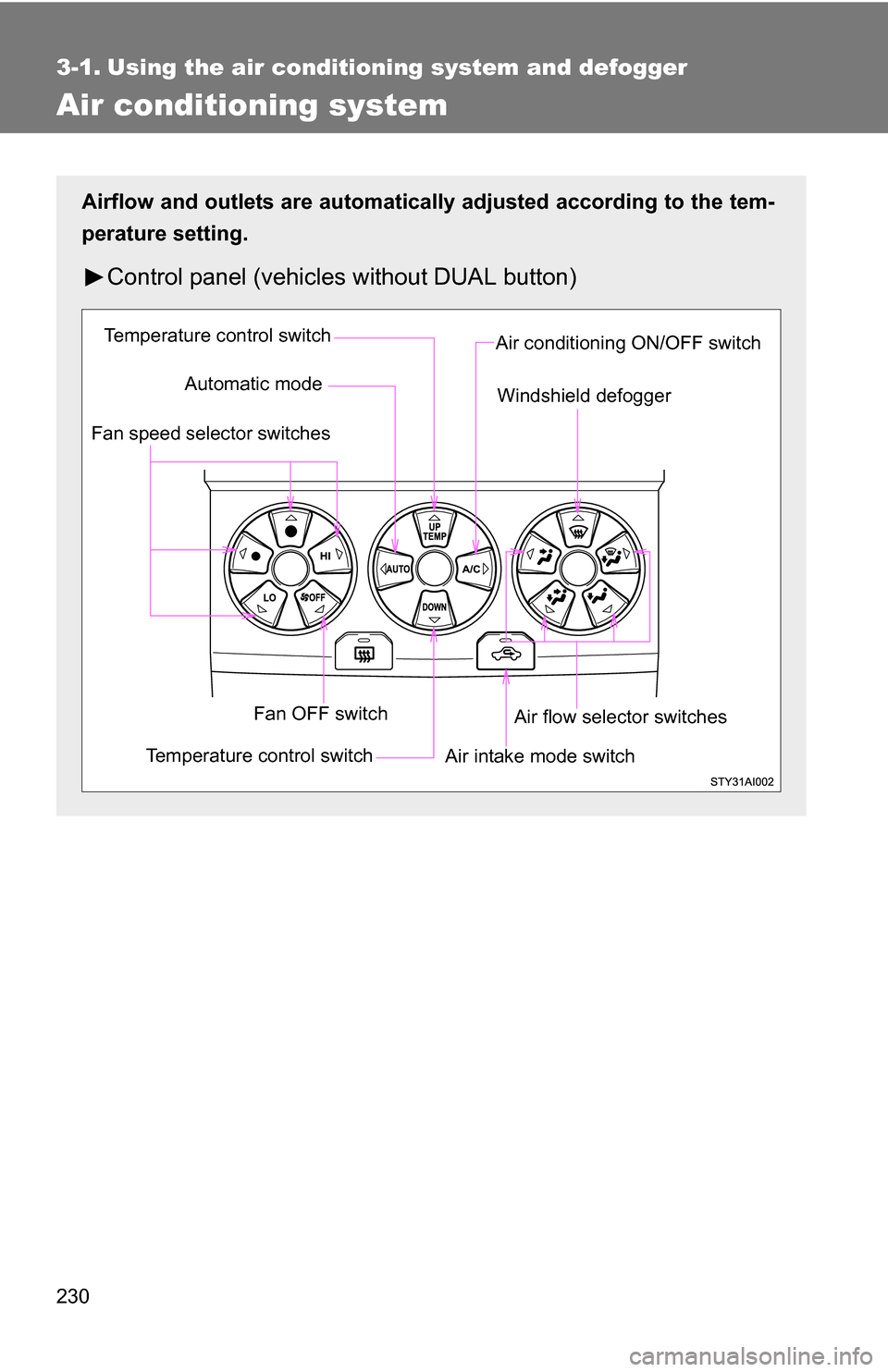 TOYOTA 4RUNNER 2009 N280 / 5.G Owners Manual 230
3-1. Using the air conditioning system and defogger
Air conditioning system
Airflow and outlets are automatically adjusted according to the tem-
perature setting.
Control panel (vehicle s without 