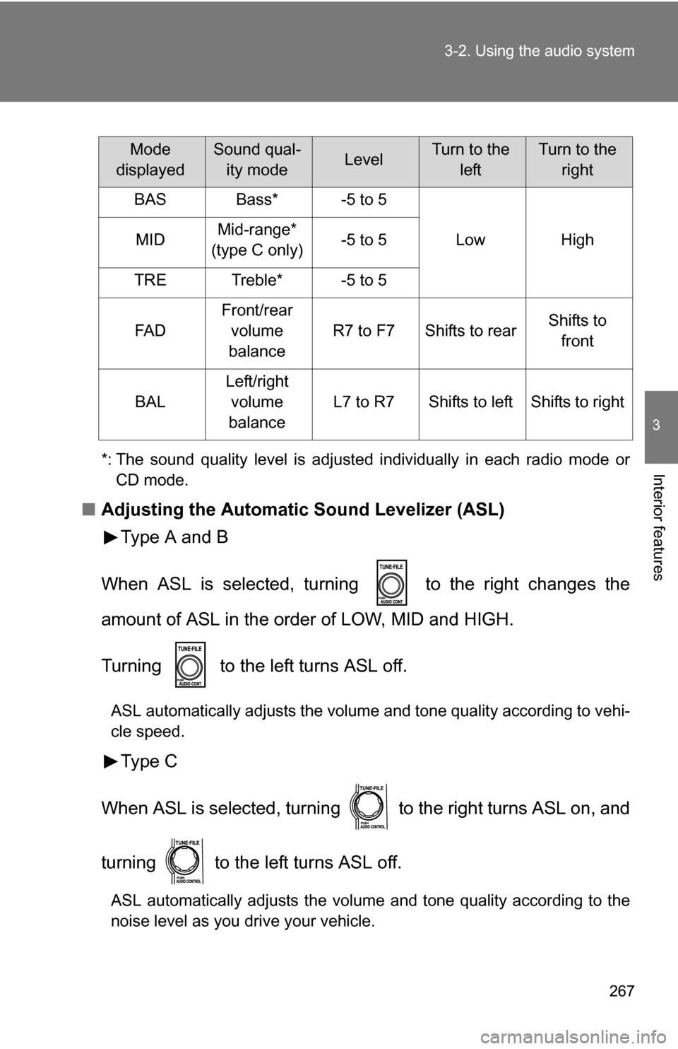TOYOTA 4RUNNER 2009 N280 / 5.G Owners Manual 267
3-2. Using the audio system
3
Interior features*: The sound quality level is adjusted individually in each radio mode or
CD mode.
■ Adjusting the Automatic Sound Levelizer (ASL)
Type A and B
Whe