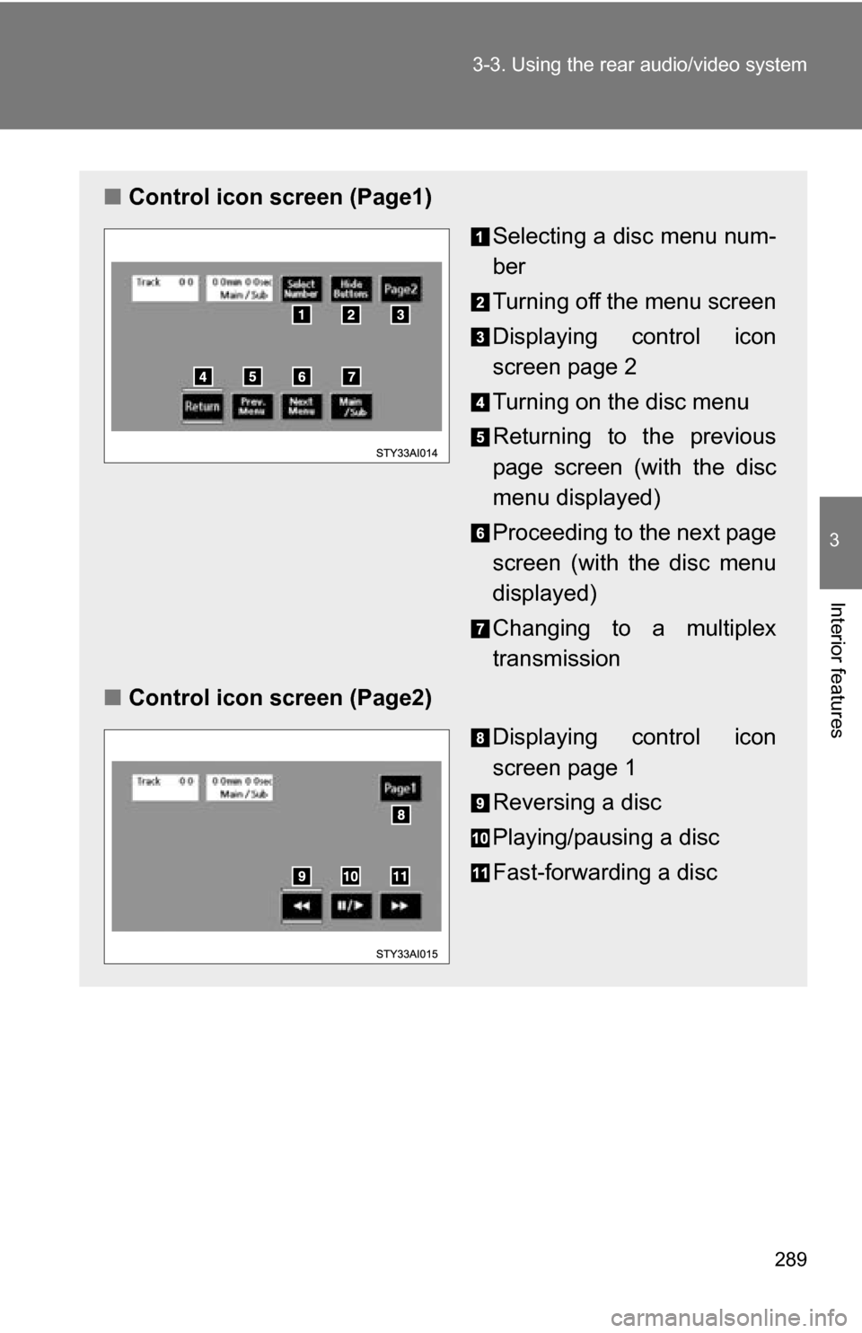 TOYOTA 4RUNNER 2009 N280 / 5.G Owners Manual 289
3-3. Using the rear audio/video system
3
Interior features
■
Control icon screen (Page1)
Selecting a disc menu num-
ber
Turning off the menu screen
Displaying control icon
screen page 2
Turning 