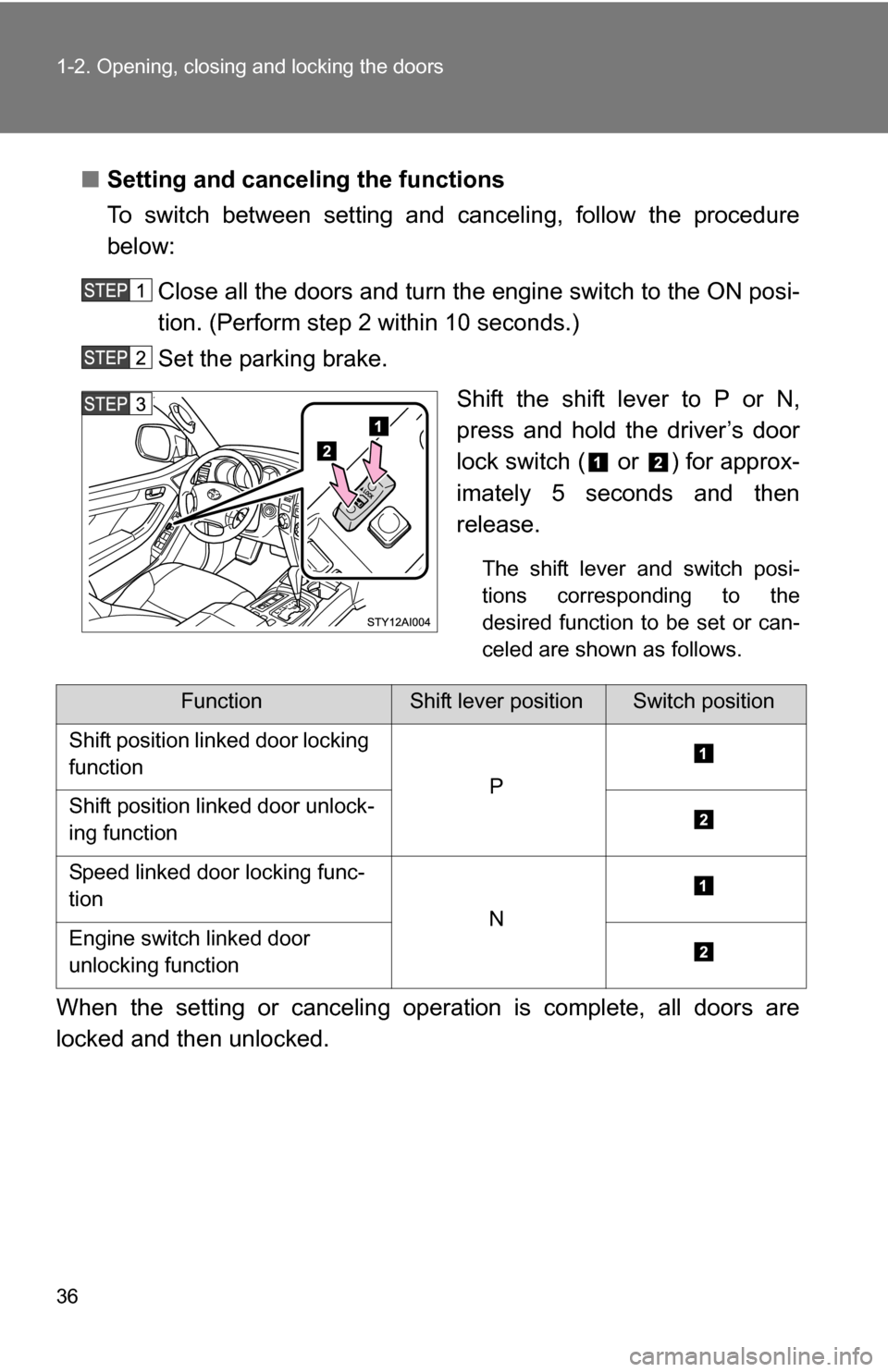 TOYOTA 4RUNNER 2009 N280 / 5.G Owners Manual 36 1-2. Opening, closing and locking the doors
■Setting and canceling the functions
To switch between setting and canceling, follow the procedure
below:
Close all the doors and turn the engine switc