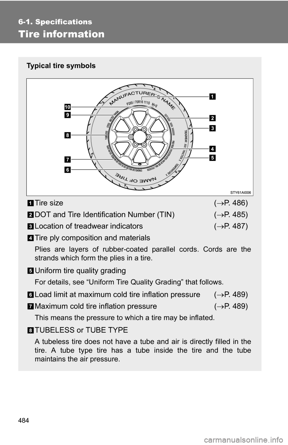 TOYOTA 4RUNNER 2009 N280 / 5.G Owners Manual 484
6-1. Specifications
Tire infor mation
Typical tire symbols
Tire size( P. 486)
DOT and Tire Identification Number (TIN) ( P. 485)
Location of treadwear indicators ( P. 487)
Tire ply compos
