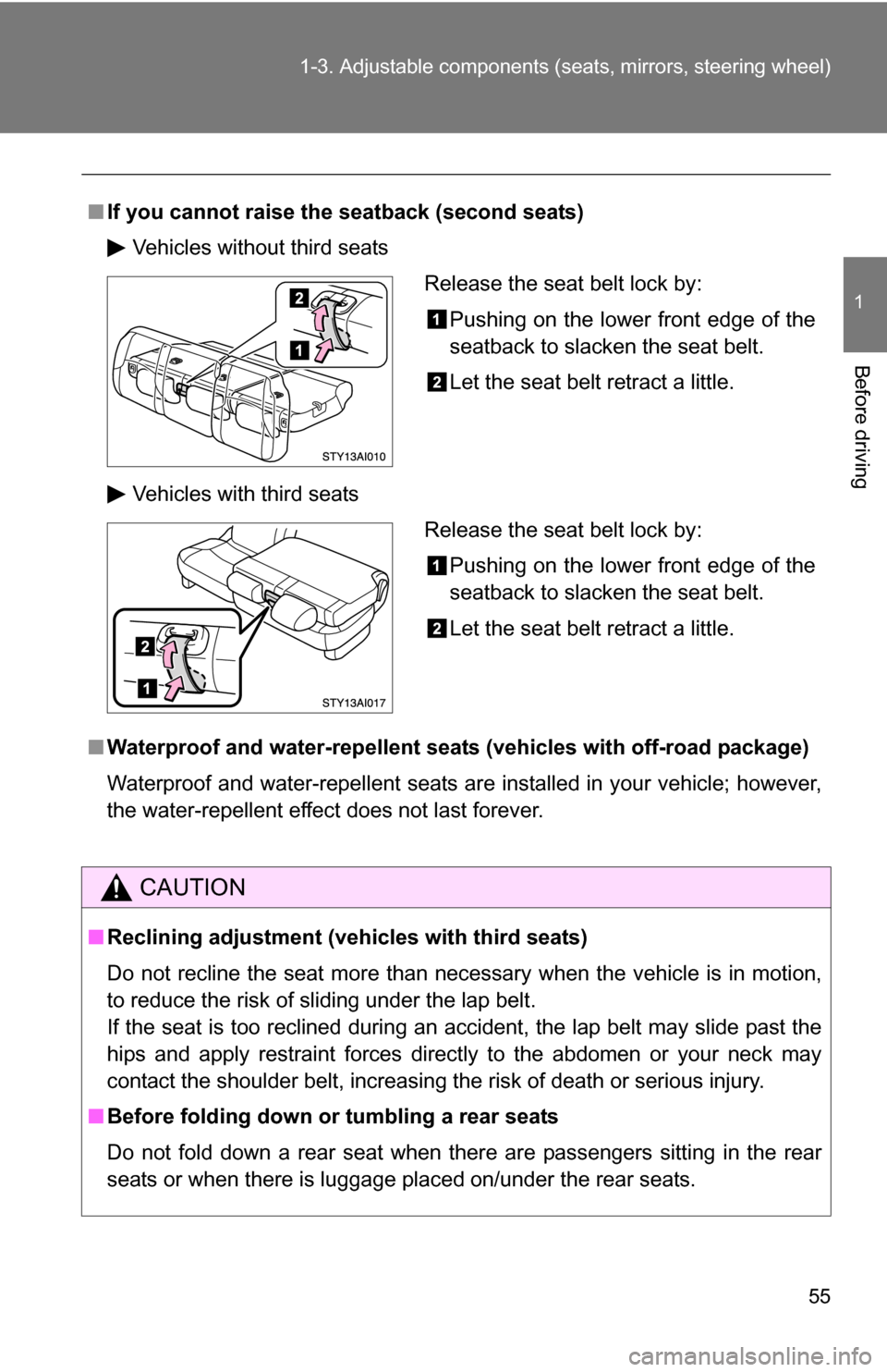 TOYOTA 4RUNNER 2009 N280 / 5.G Owners Manual 55
1-3. Adjustable components (s
eats, mirrors, steering wheel)
1
Before driving
■If you cannot raise th e seatback (second seats)
Vehicles without third seats
Vehicles with third seats
■ Waterpro TOYOTA 4RUNNER 2009 N280 / 5.G Owners Manual 55
1-3. Adjustable components (s
eats, mirrors, steering wheel)
1
Before driving
■If you cannot raise th e seatback (second seats)
Vehicles without third seats
Vehicles with third seats
■ Waterpro