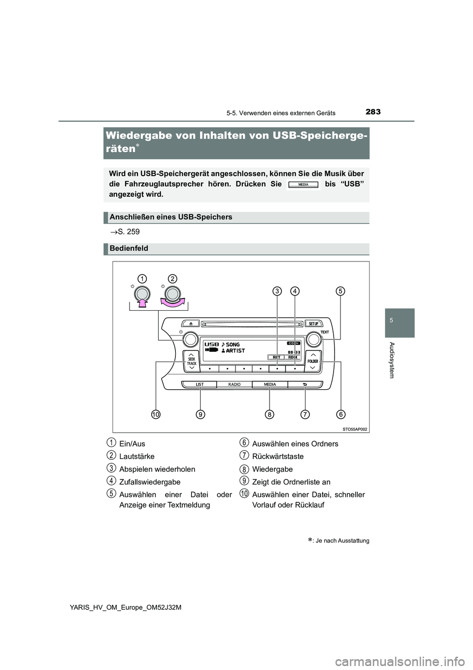 TOYOTA YARIS HYBRID 2017  Betriebsanleitungen (in German) 283
5
5-5. Verwenden eines externen Geräts
Audiosystem
YARIS_HV_OM_Europe_OM52J32M
Wiedergabe von Inhalten von USB-Speicherge- 
räten
 S. 259
: Je nach Ausstattung
Wird ein USB-Speicherger